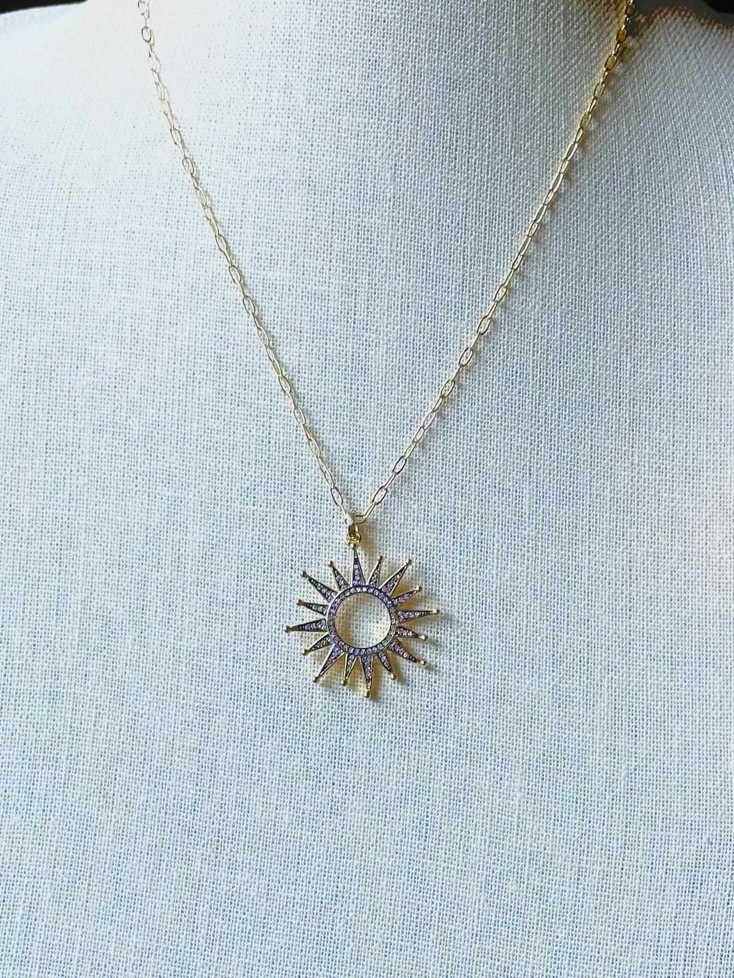 Gold Filled Boho Chic Chain with Statement Micro Pave Sunburst Pendant
