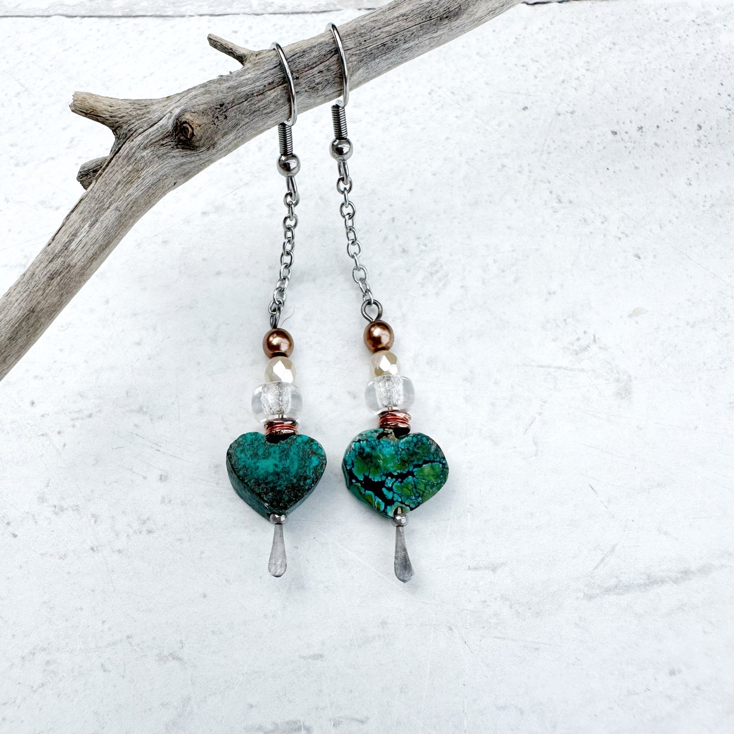 Turquoise Heart and Silver Chain Earrings
