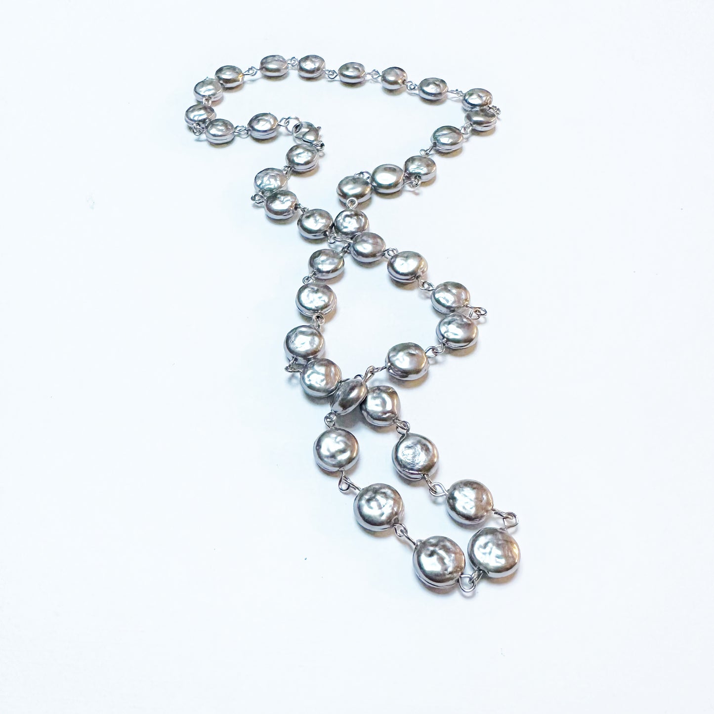Boho Chic Silver Pearl Long Statement Necklace