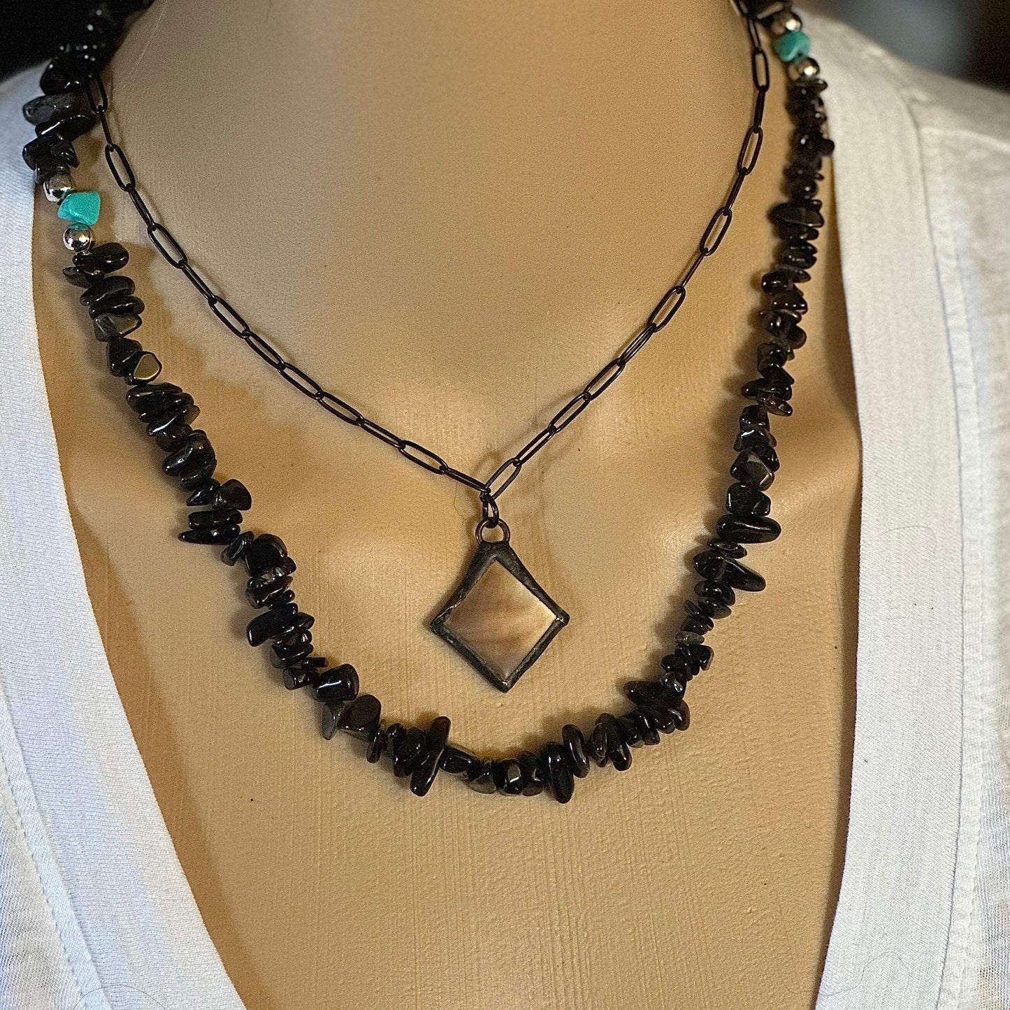 Necklace Sterling Silver and Gemstone Black and Silver Turquoise Artisan