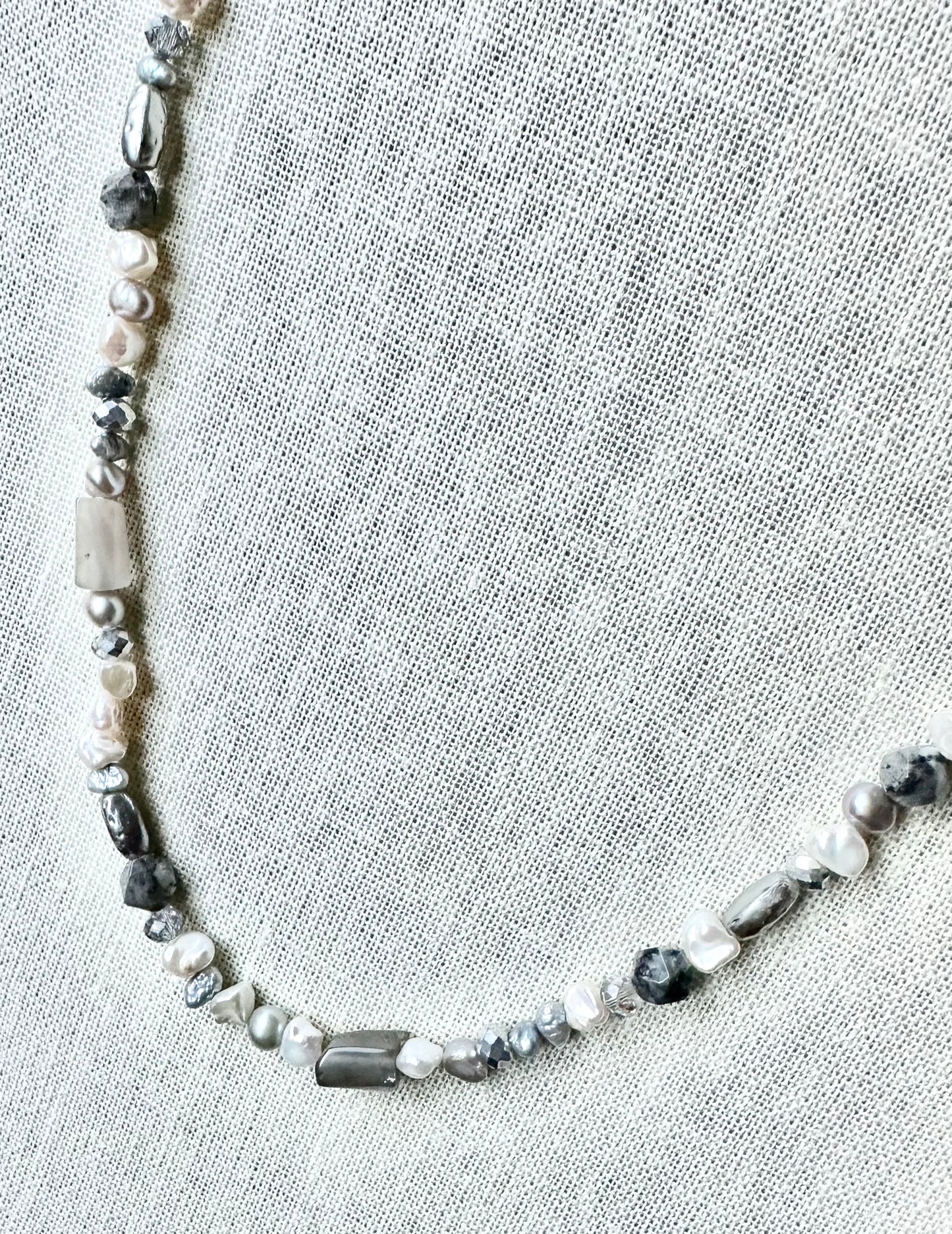 Boho Chic Silver Gray and White Pearl Necklace with Gemstones and Crystals