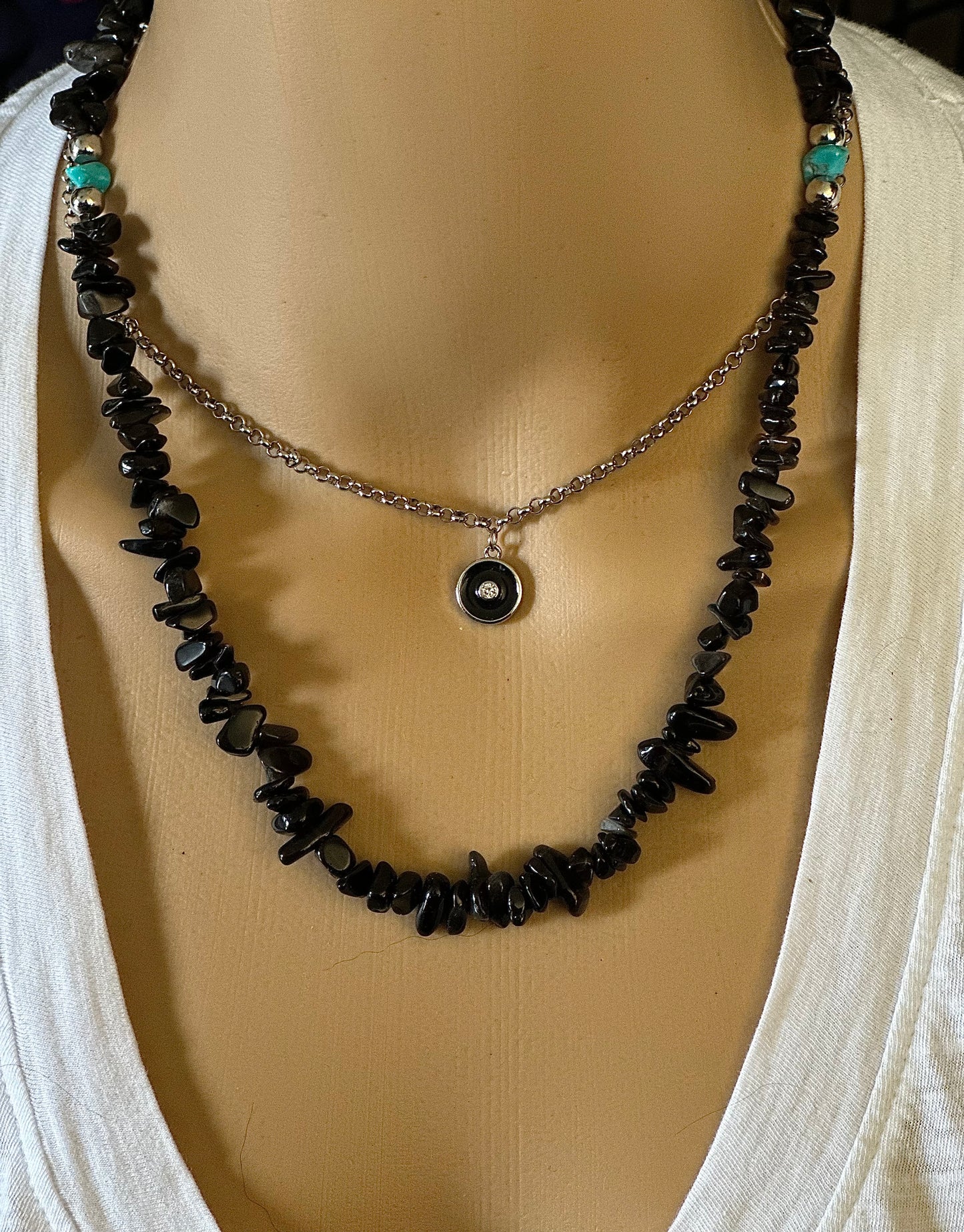 Necklace Sterling Silver and Gemstone Black and Silver Turquoise Artisan