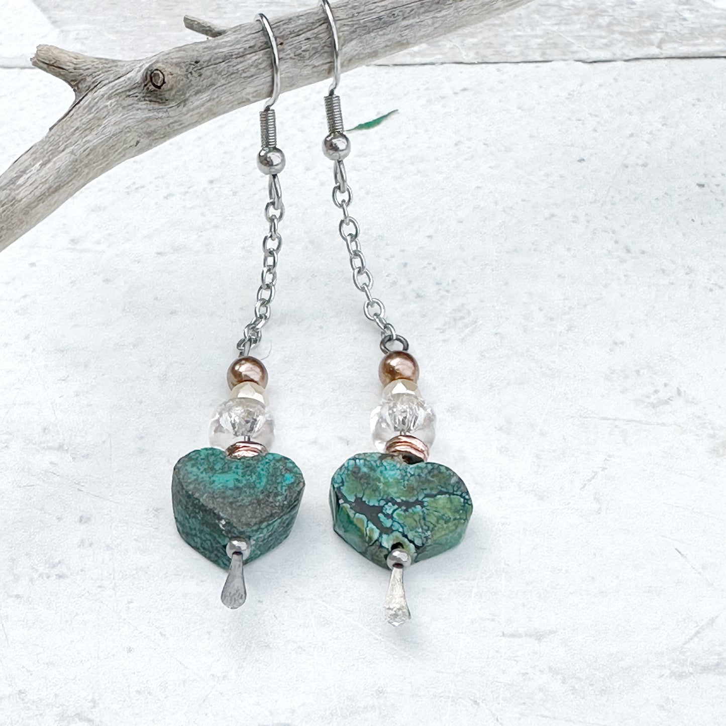 Turquoise Heart and Silver Chain Earrings