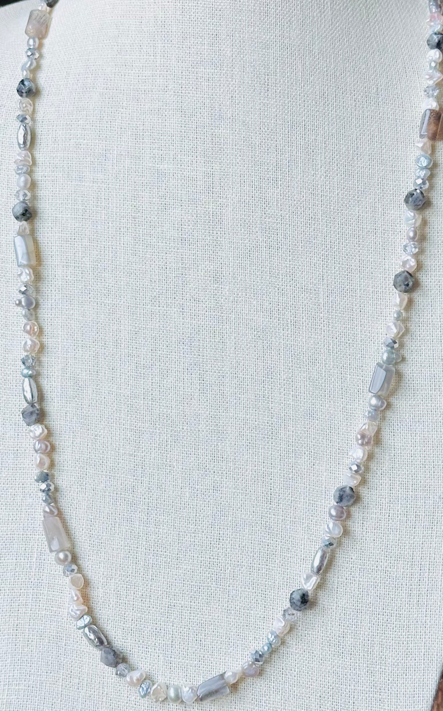 Boho Chic Silver Gray and White Pearl Necklace with Gemstones and Crystals
