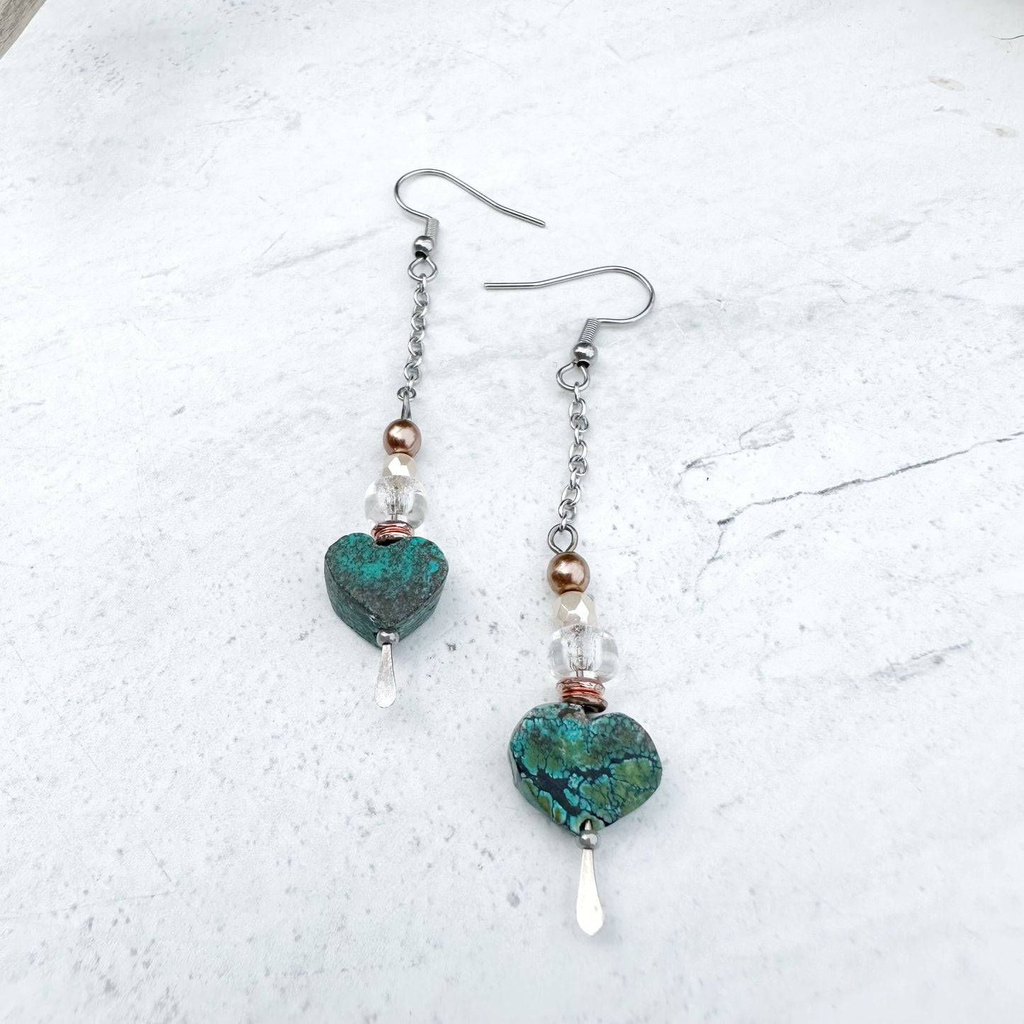 Turquoise Heart and Silver Chain Earrings