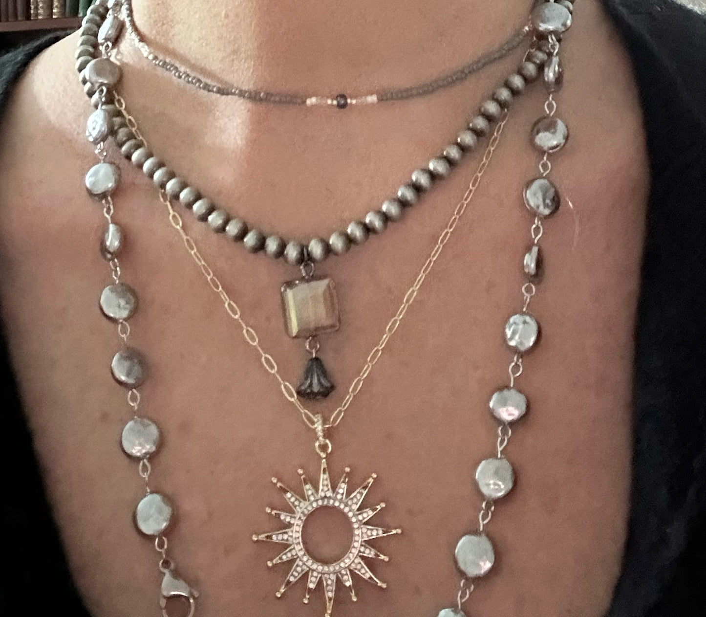 Boho Chic Silver Pearl Long Statement Necklace