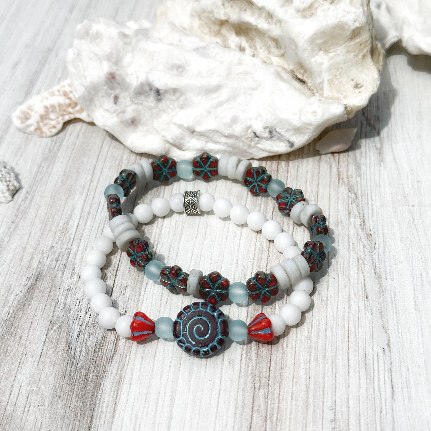 Boho Bracelets Stretch Red White Blue