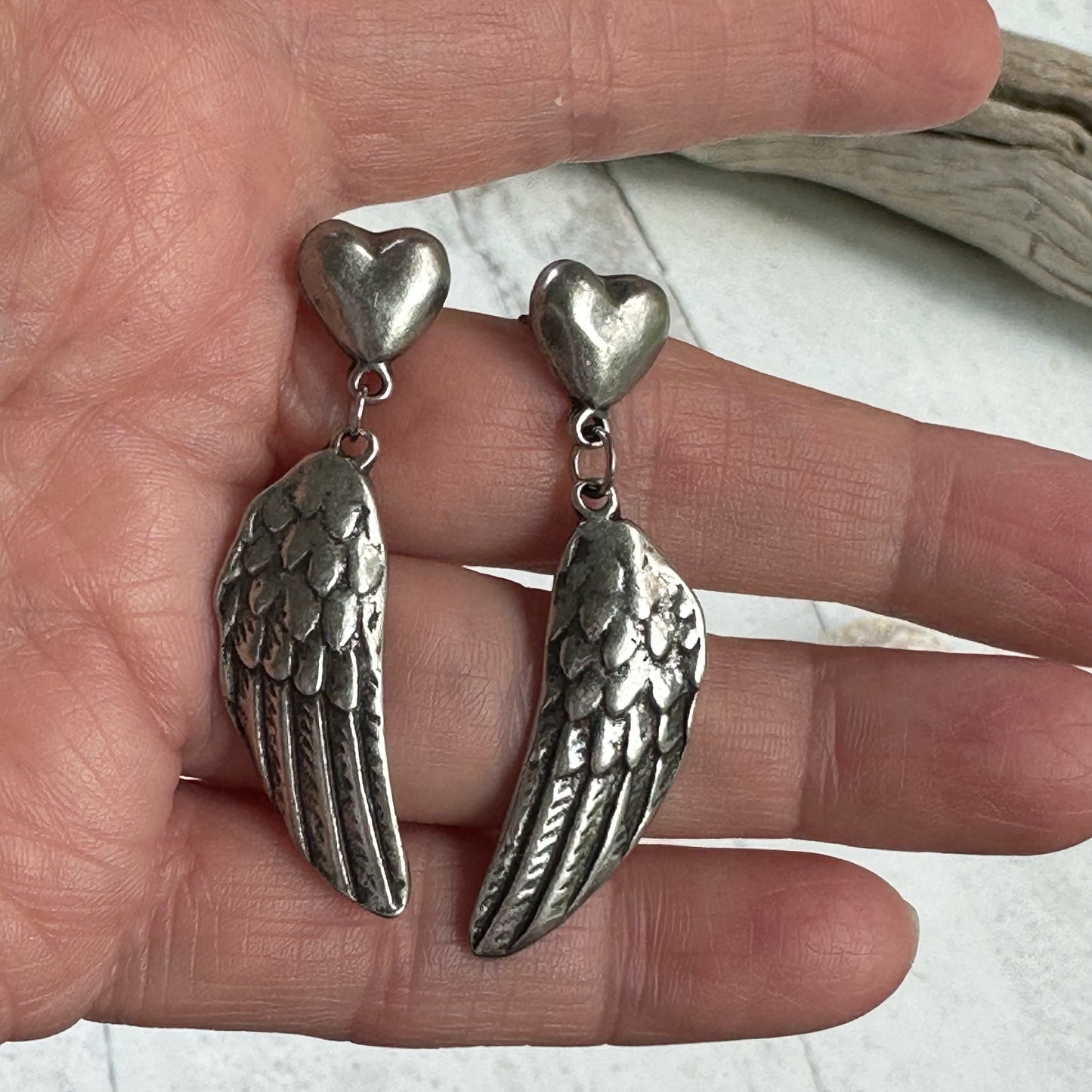 Silver Heart and Wings Earrings