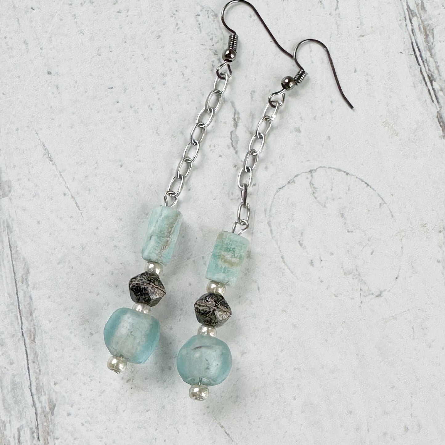 Blue Glass and Gemstone Earrings