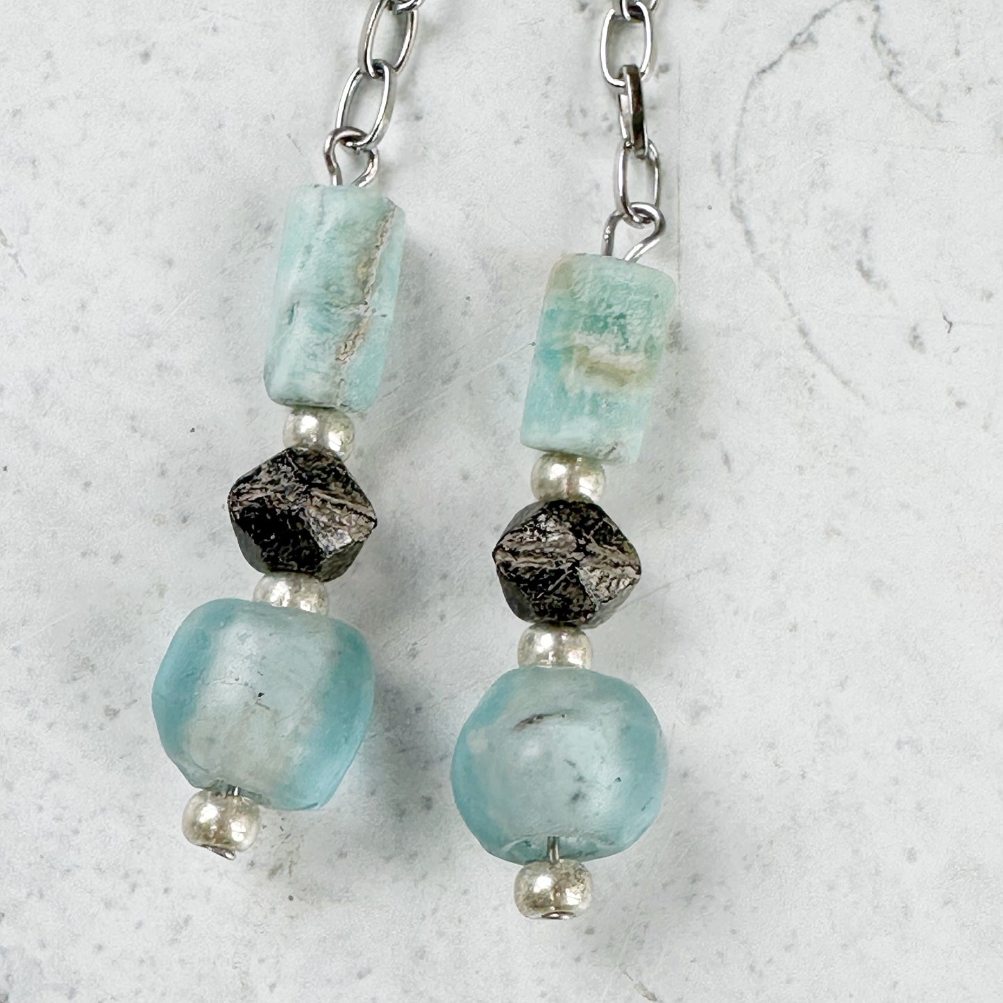 Blue Glass and Gemstone Earrings