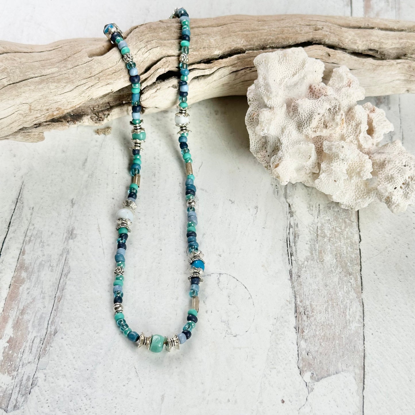 Eclectic Beaded Necklace in Blue White Green and Silver
