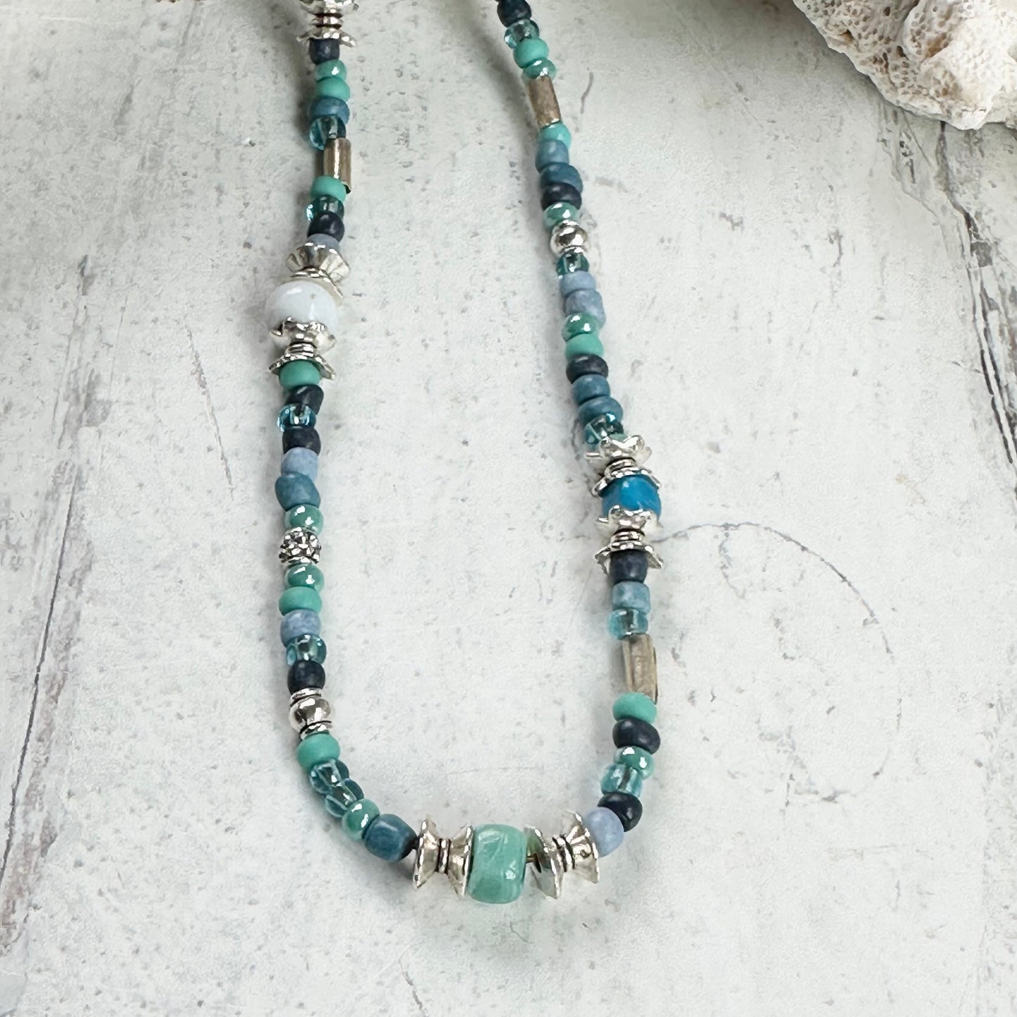 Eclectic Beaded Necklace in Blue White Green and Silver