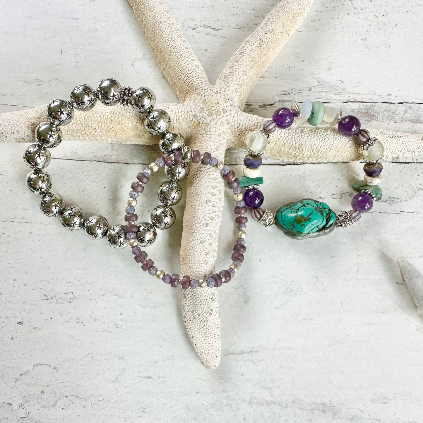 Turquoise Purple Silver Bracelet Trio Set Boho