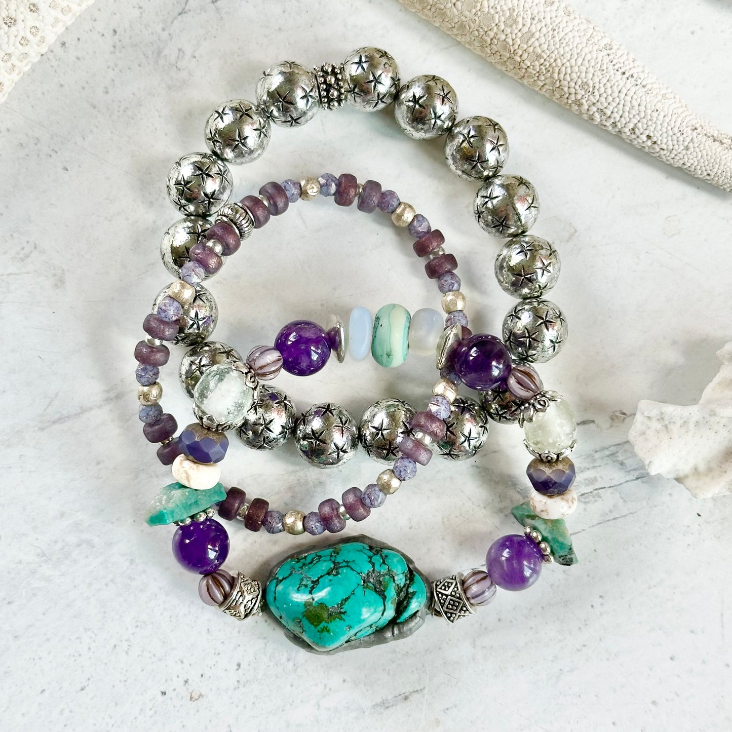 Turquoise Purple Silver Bracelet Trio Set Boho