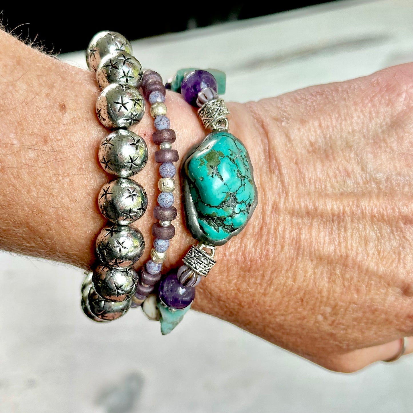 Turquoise Purple Silver Bracelet Trio Set Boho