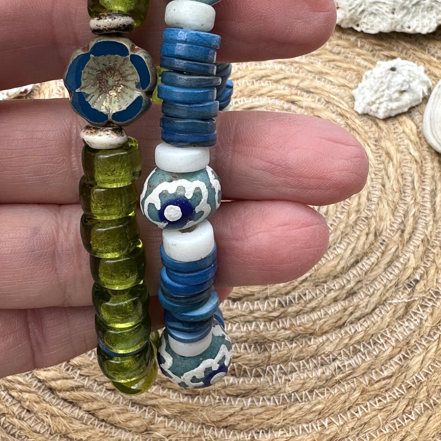 African Bracelet Set Beachy Green Blue and White