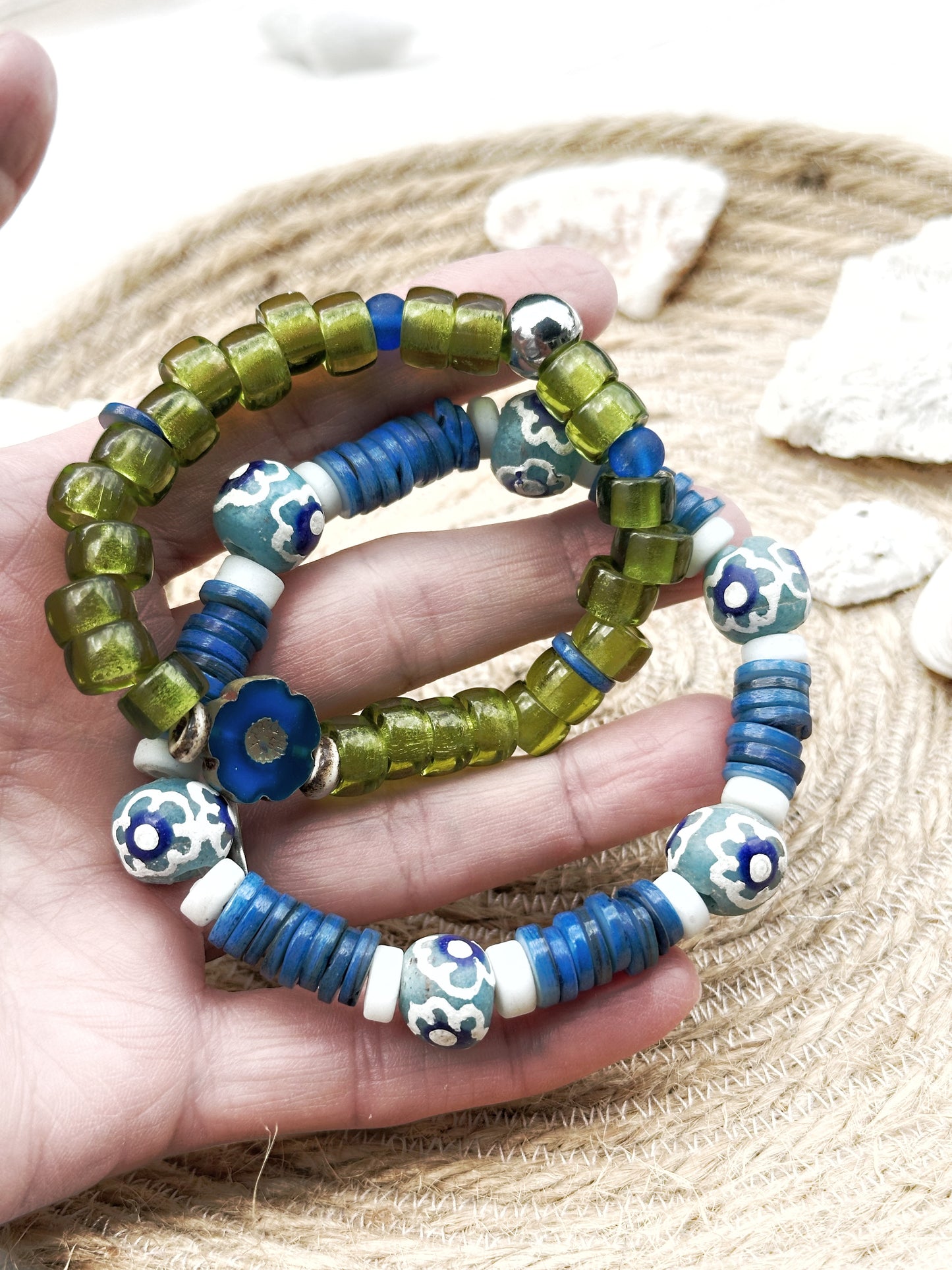 African Bracelet Set Beachy Green Blue and White