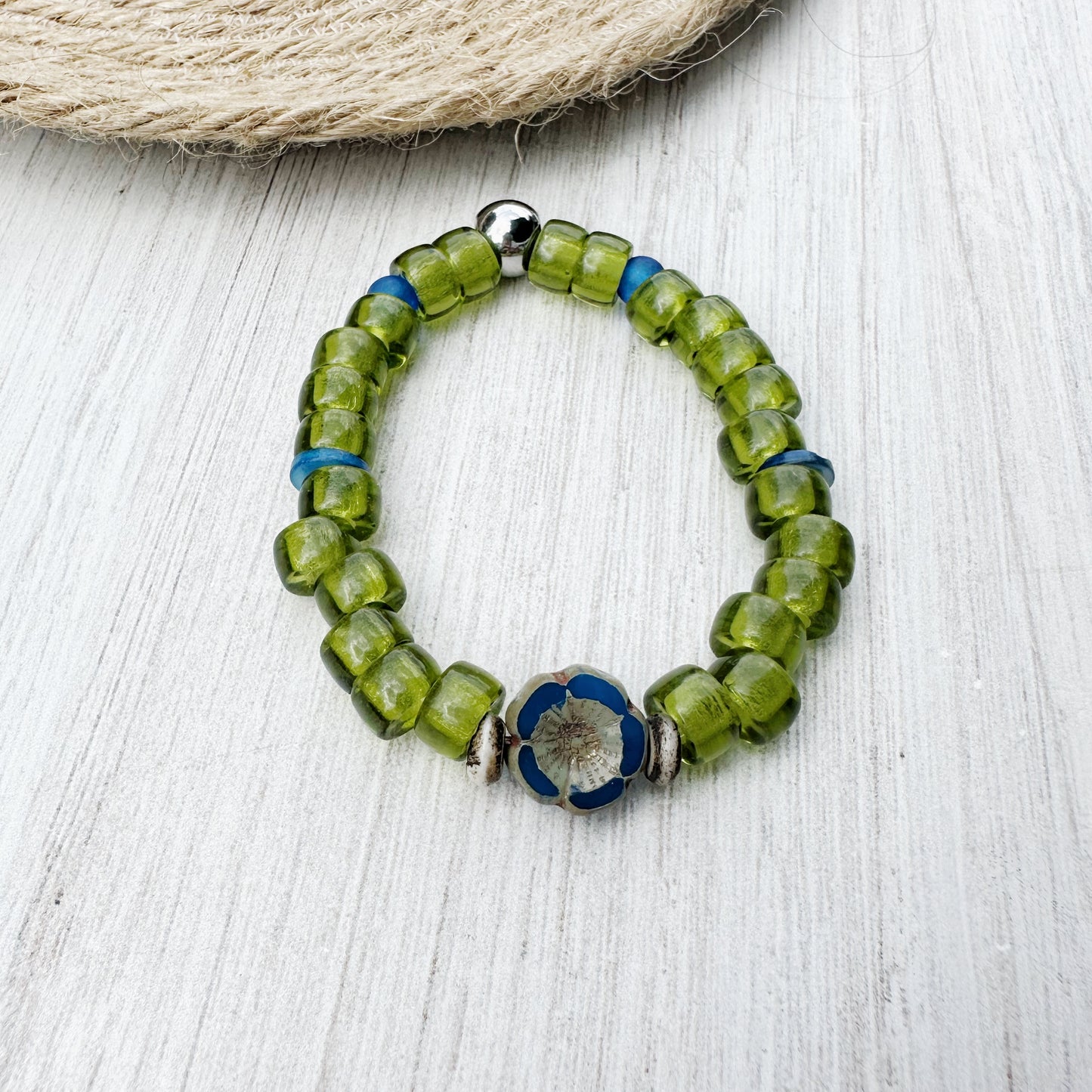 African Bracelet Set Beachy Green Blue and White
