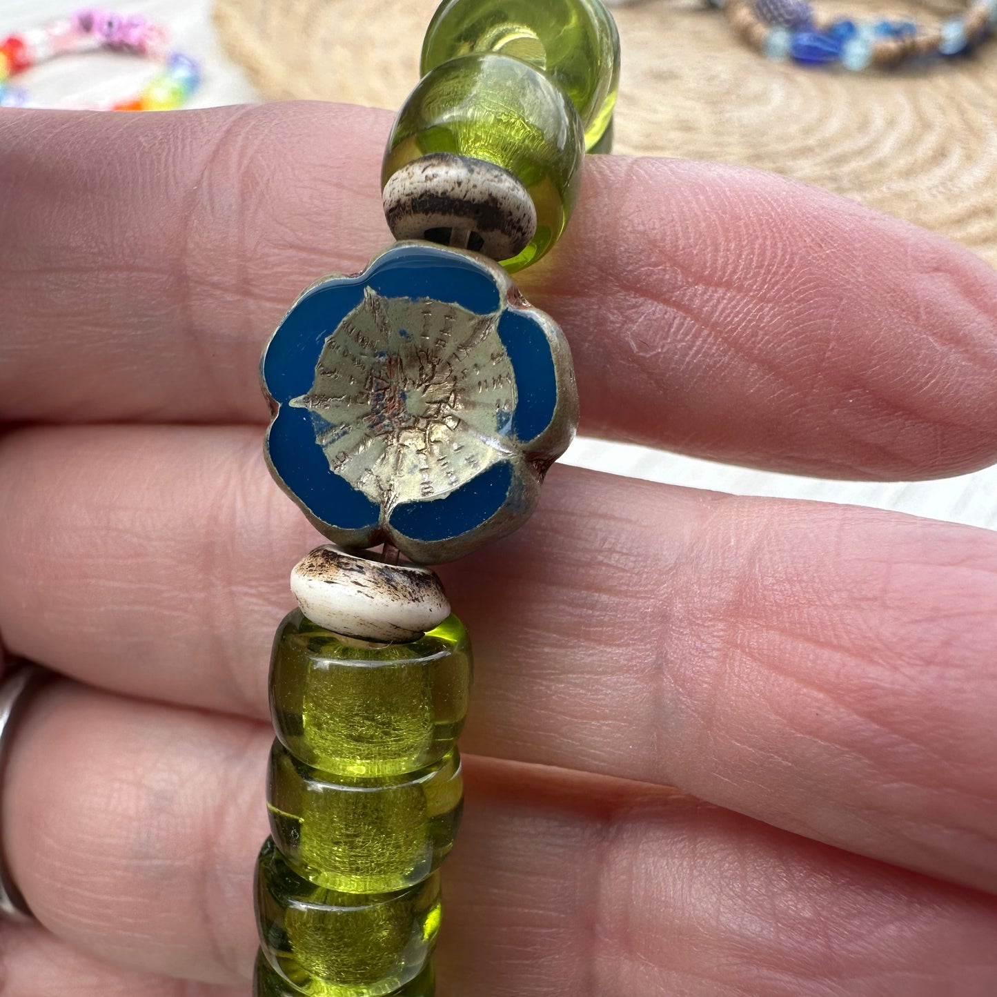 African Bracelet Set Beachy Green Blue and White