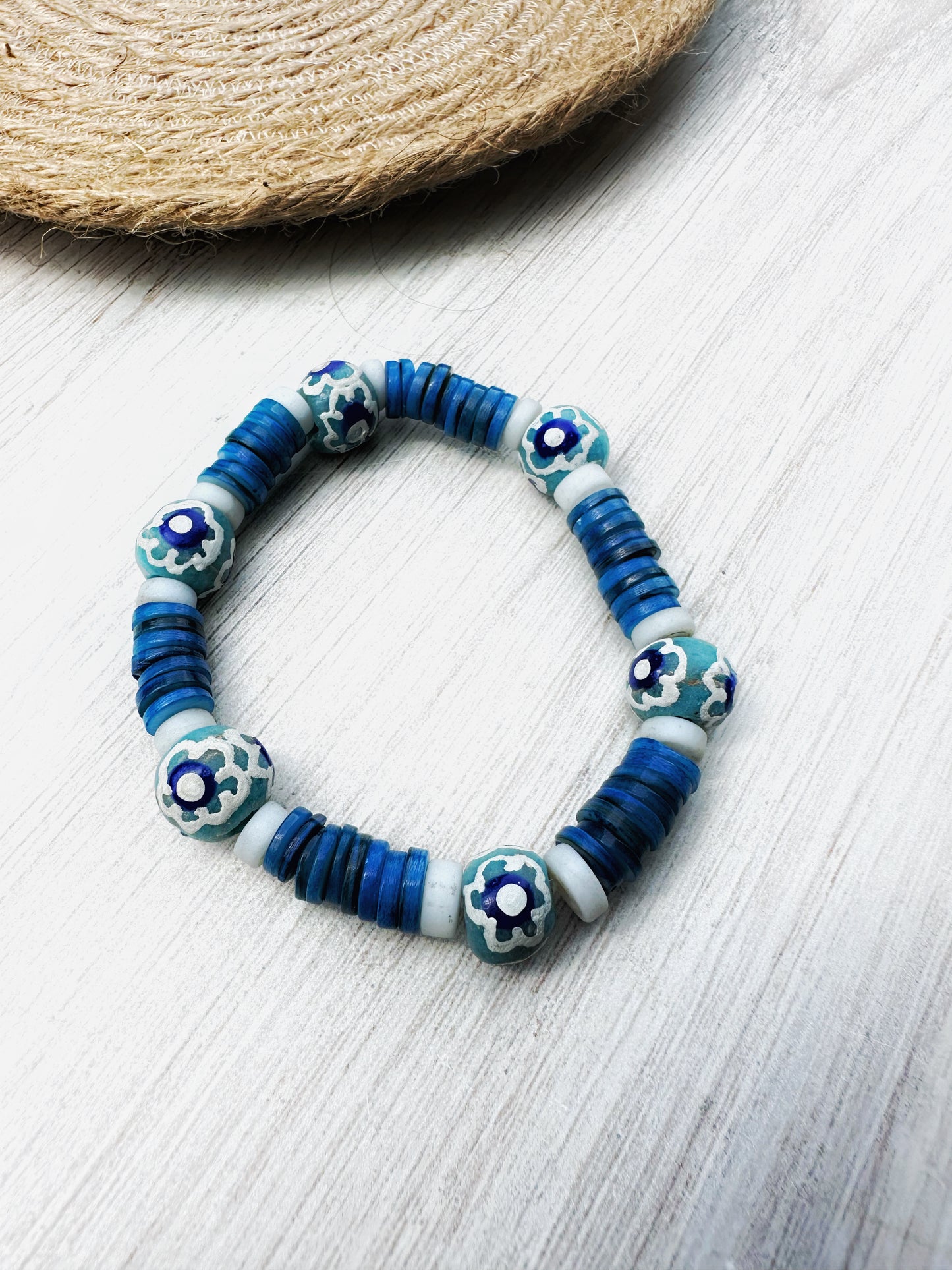 African Bracelet Set Beachy Green Blue and White