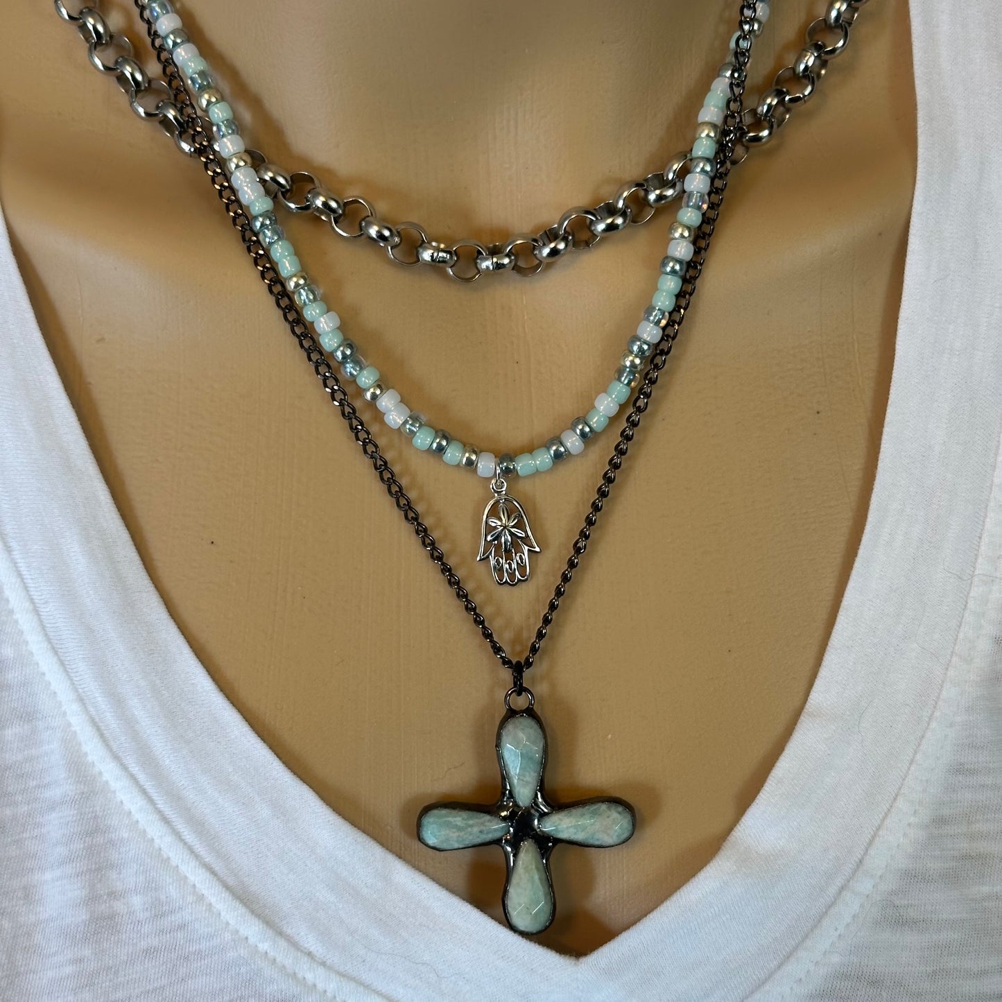 Sea Green Beaded Necklace Sterling Silver Hamsa