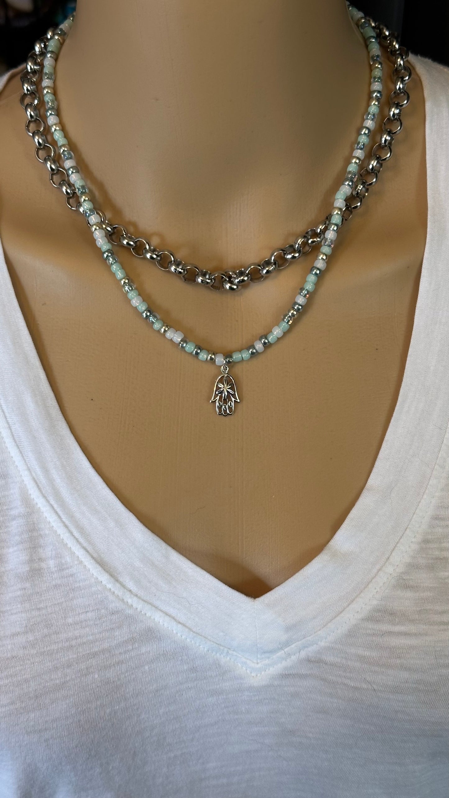 Sea Green Beaded Necklace Sterling Silver Hamsa