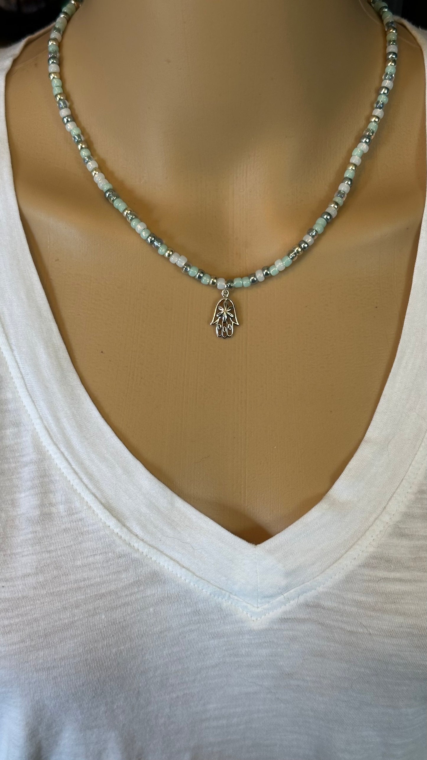 Sea Green Beaded Necklace Sterling Silver Hamsa