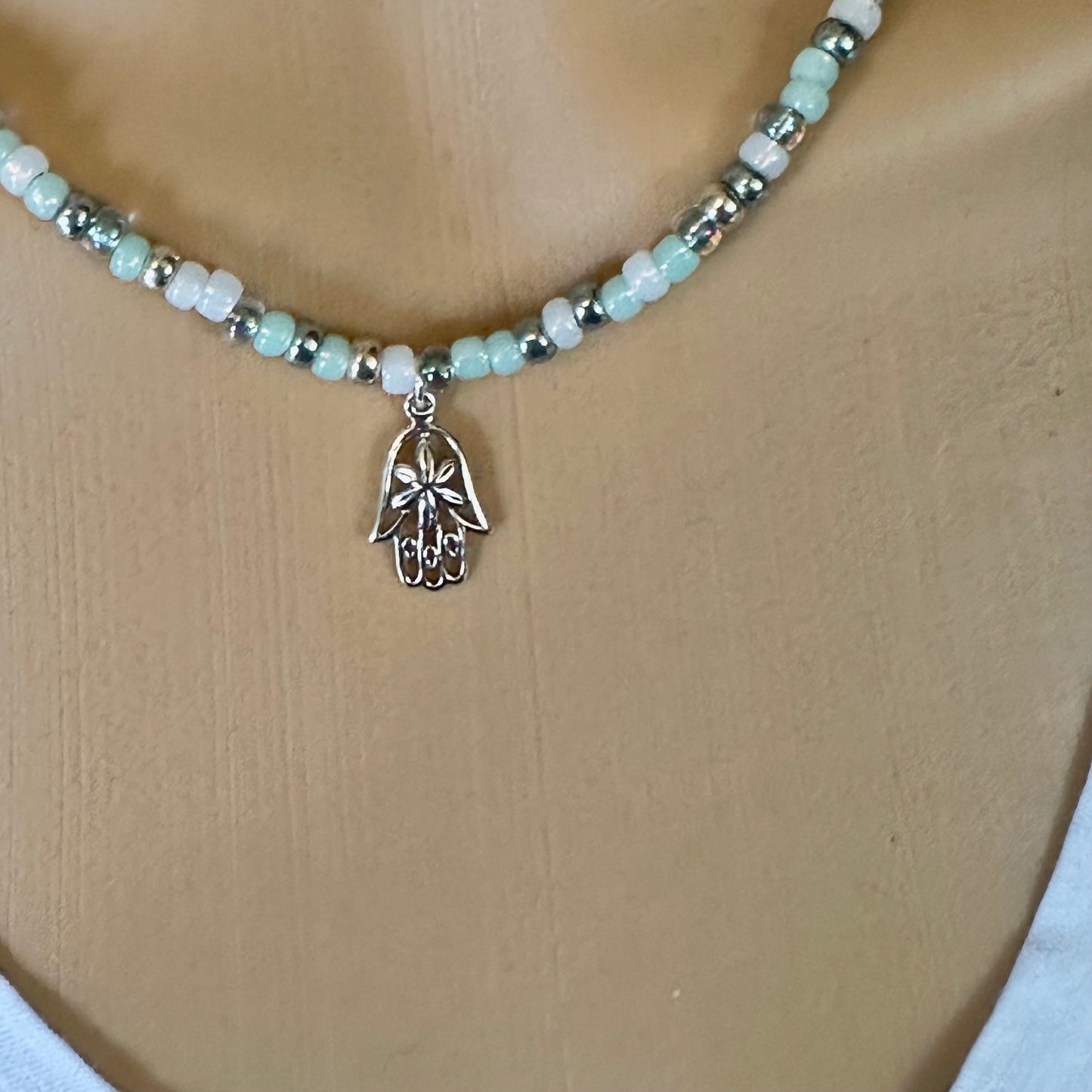 Sea Green Beaded Necklace Sterling Silver Hamsa