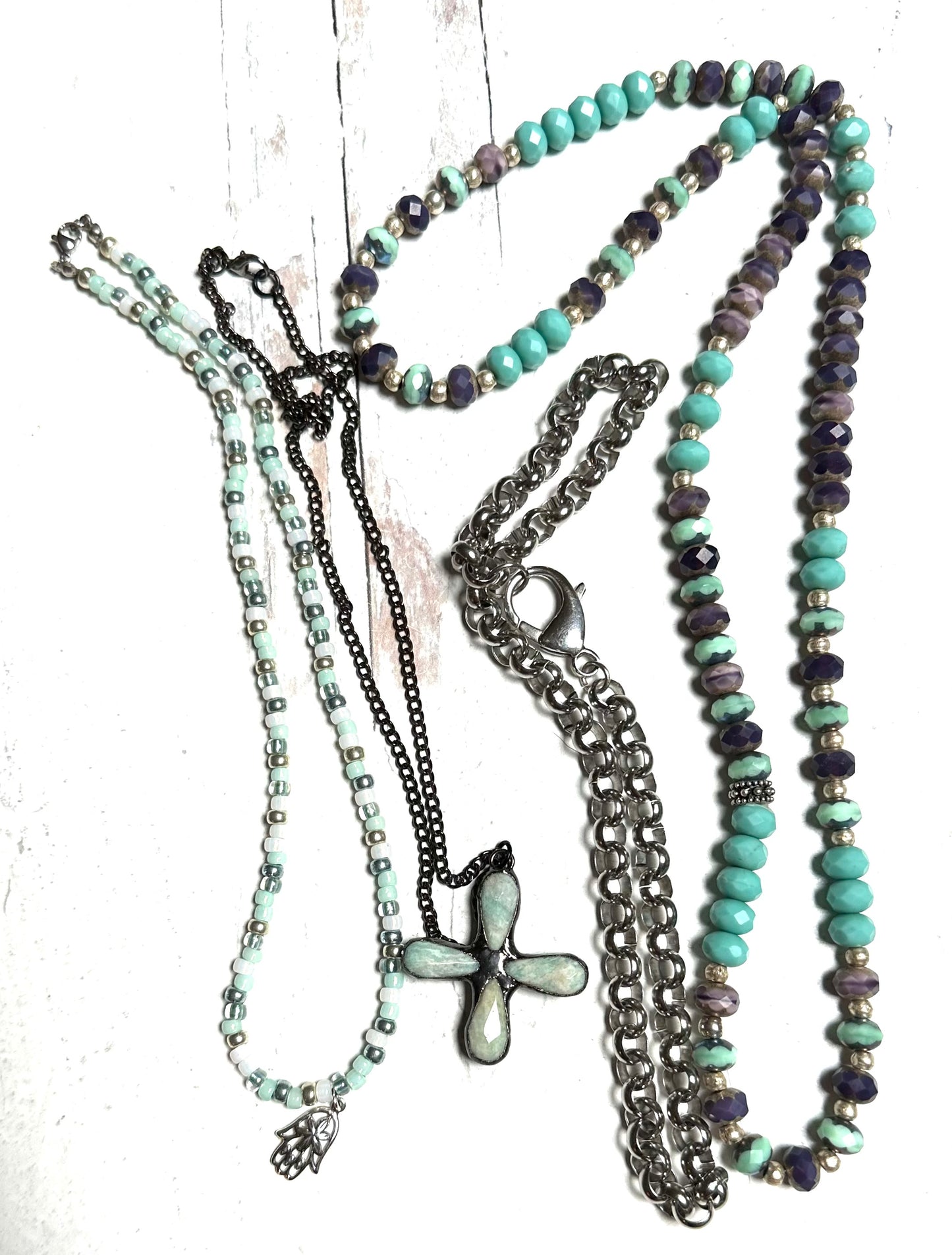 Sea Green Beaded Necklace Sterling Silver Hamsa
