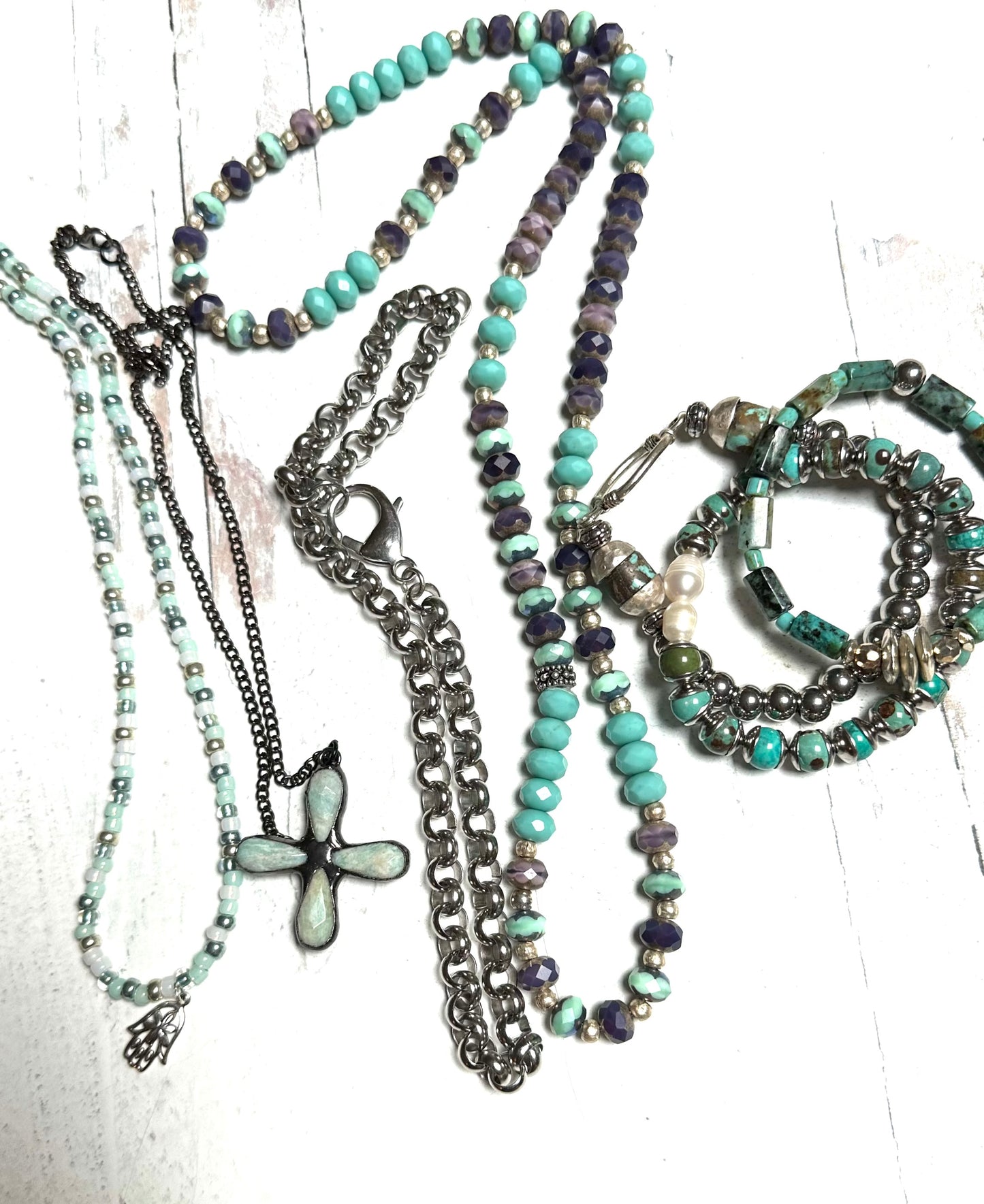 Sea Green Beaded Necklace Sterling Silver Hamsa