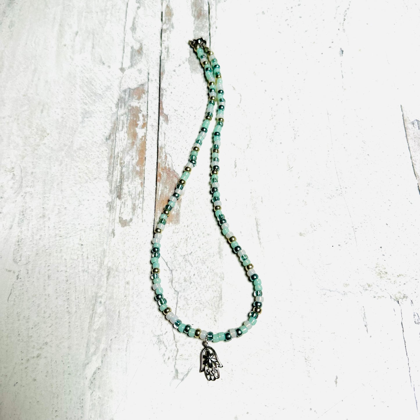 Sea Green Beaded Necklace Sterling Silver Hamsa