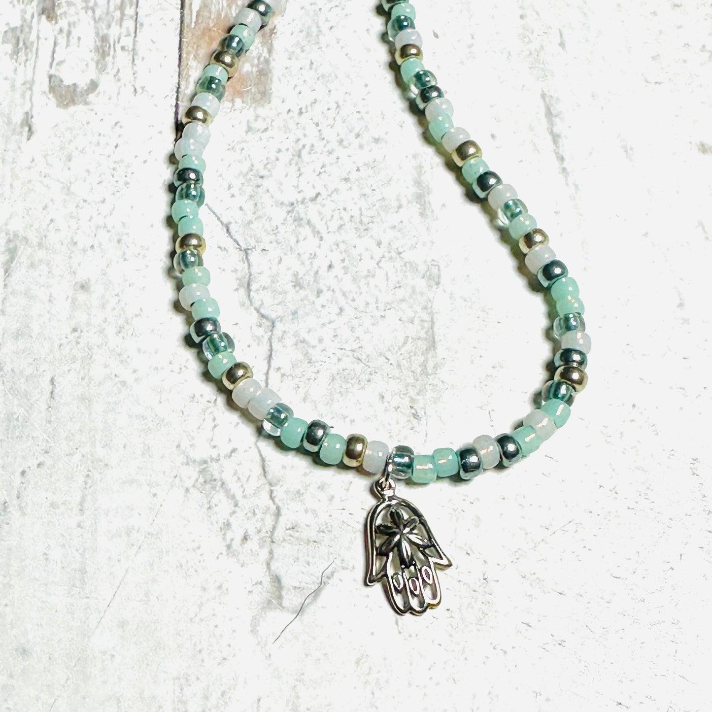 Sea Green Beaded Necklace Sterling Silver Hamsa
