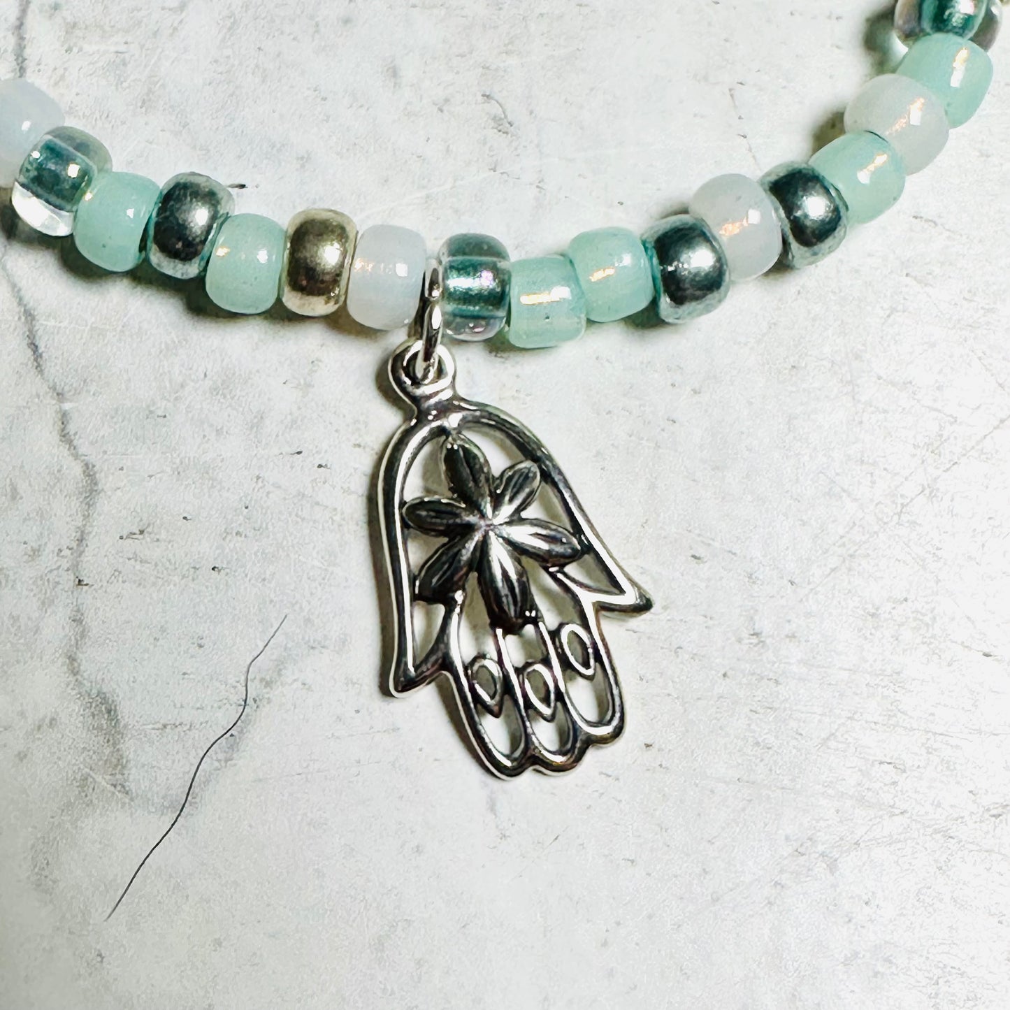Sea Green Beaded Necklace Sterling Silver Hamsa