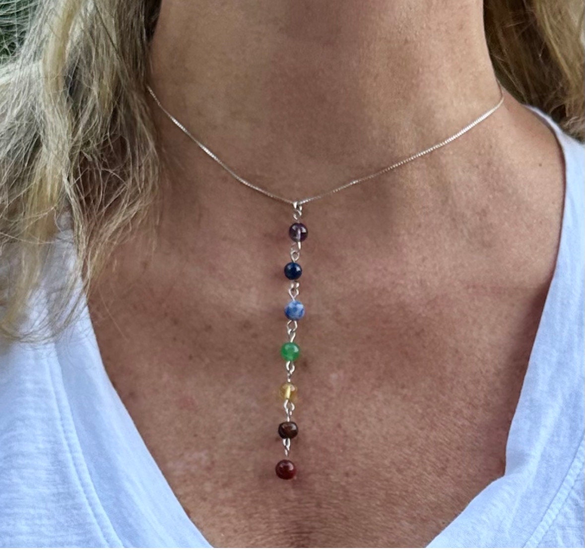 Chakra Jewelry Necklace Sterling Silver Gemstone Rainbow Spirituality