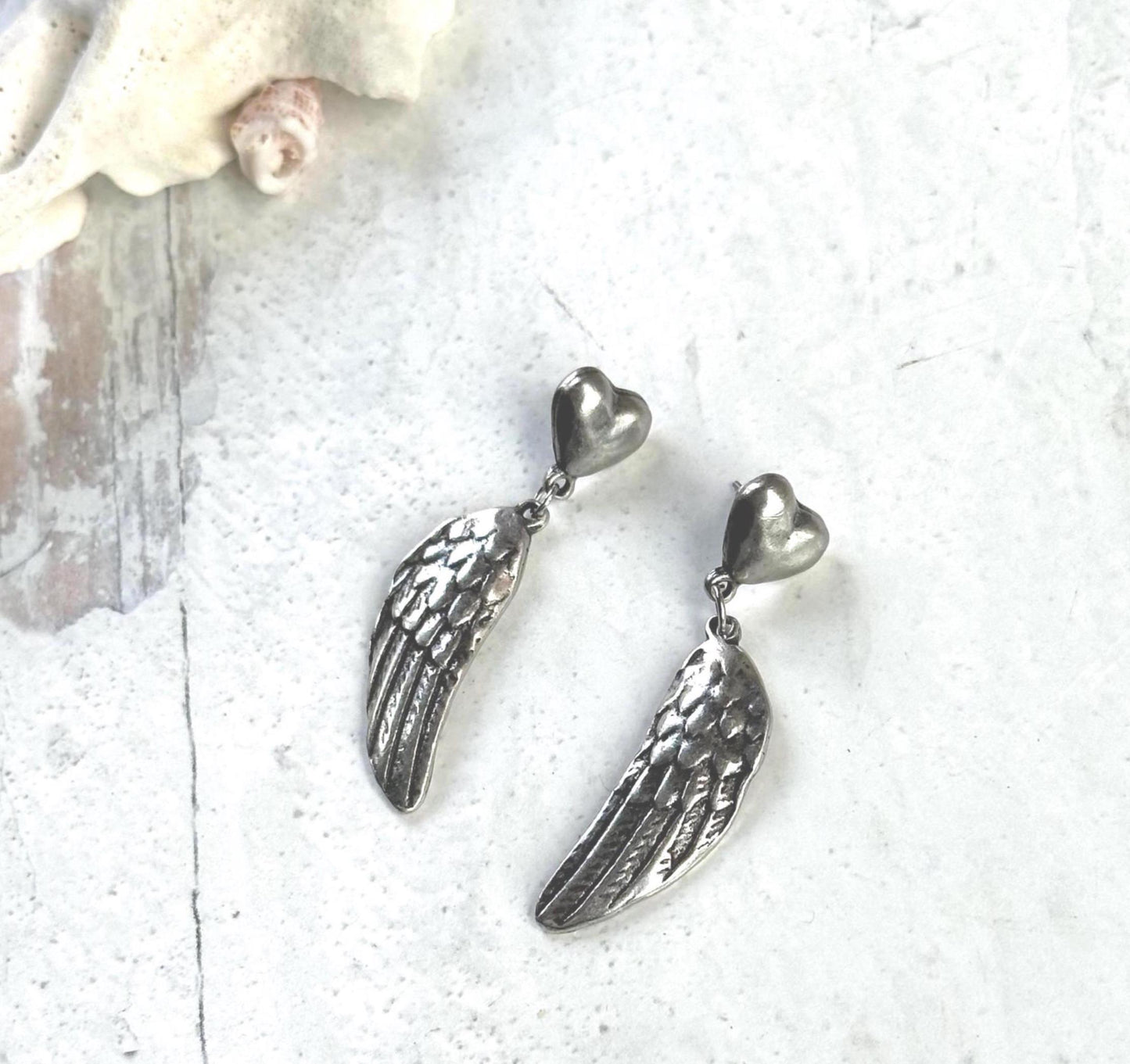 Silver Heart and Wings Earrings