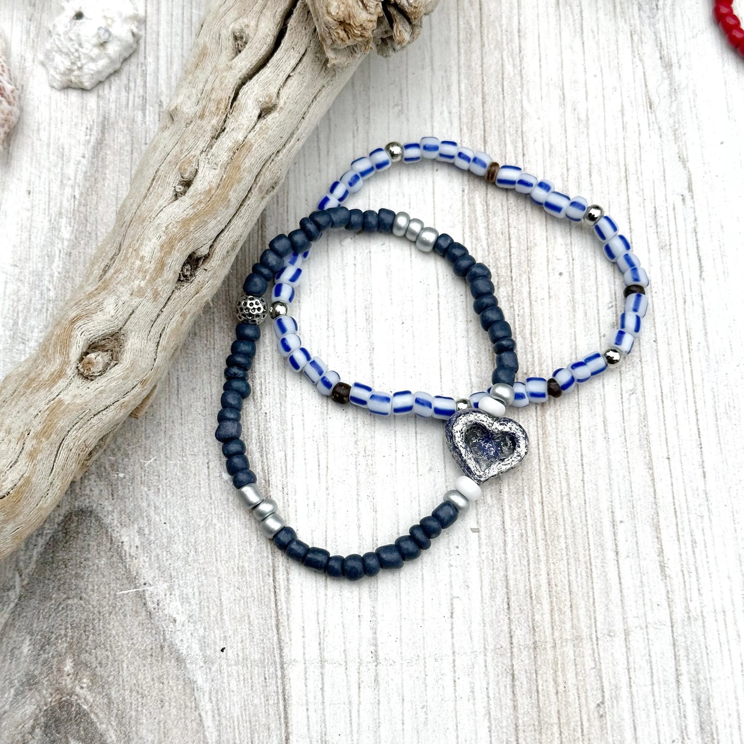 Beaded Stretch Bracelet Set Blue Heart