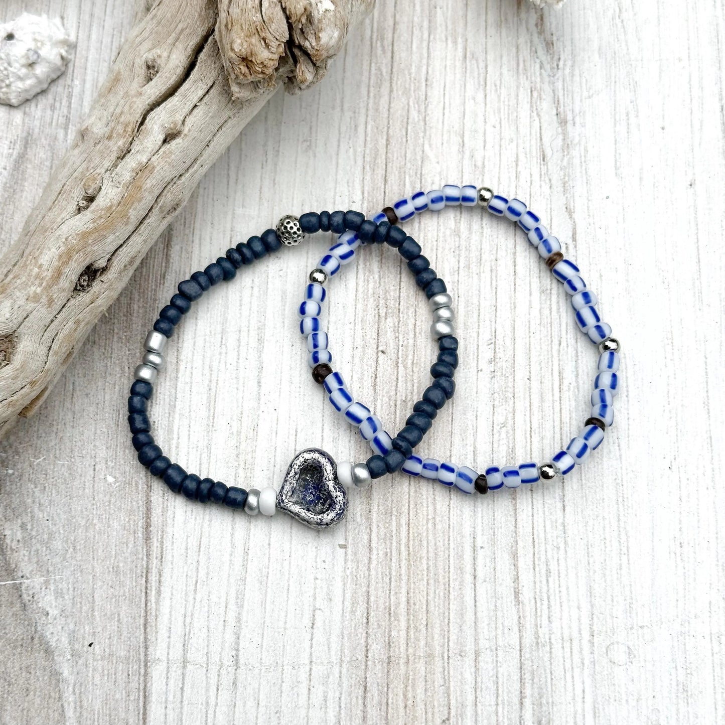 Beaded Stretch Bracelet Set Blue Heart