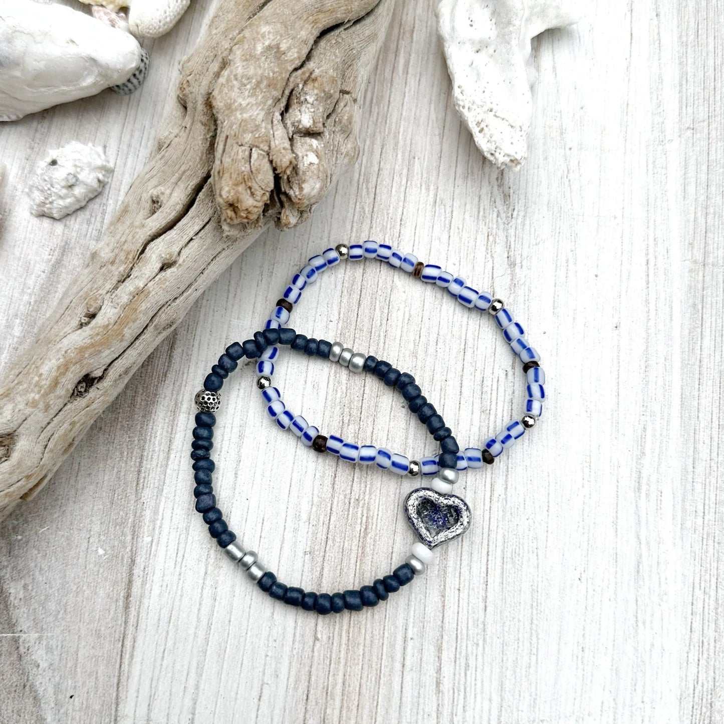 Beaded Stretch Bracelet Set Blue Heart