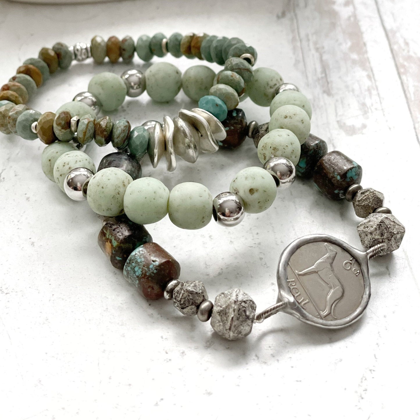 Jewelry Bracelets Gemstone Turquoise Beaded Boho Green Silver