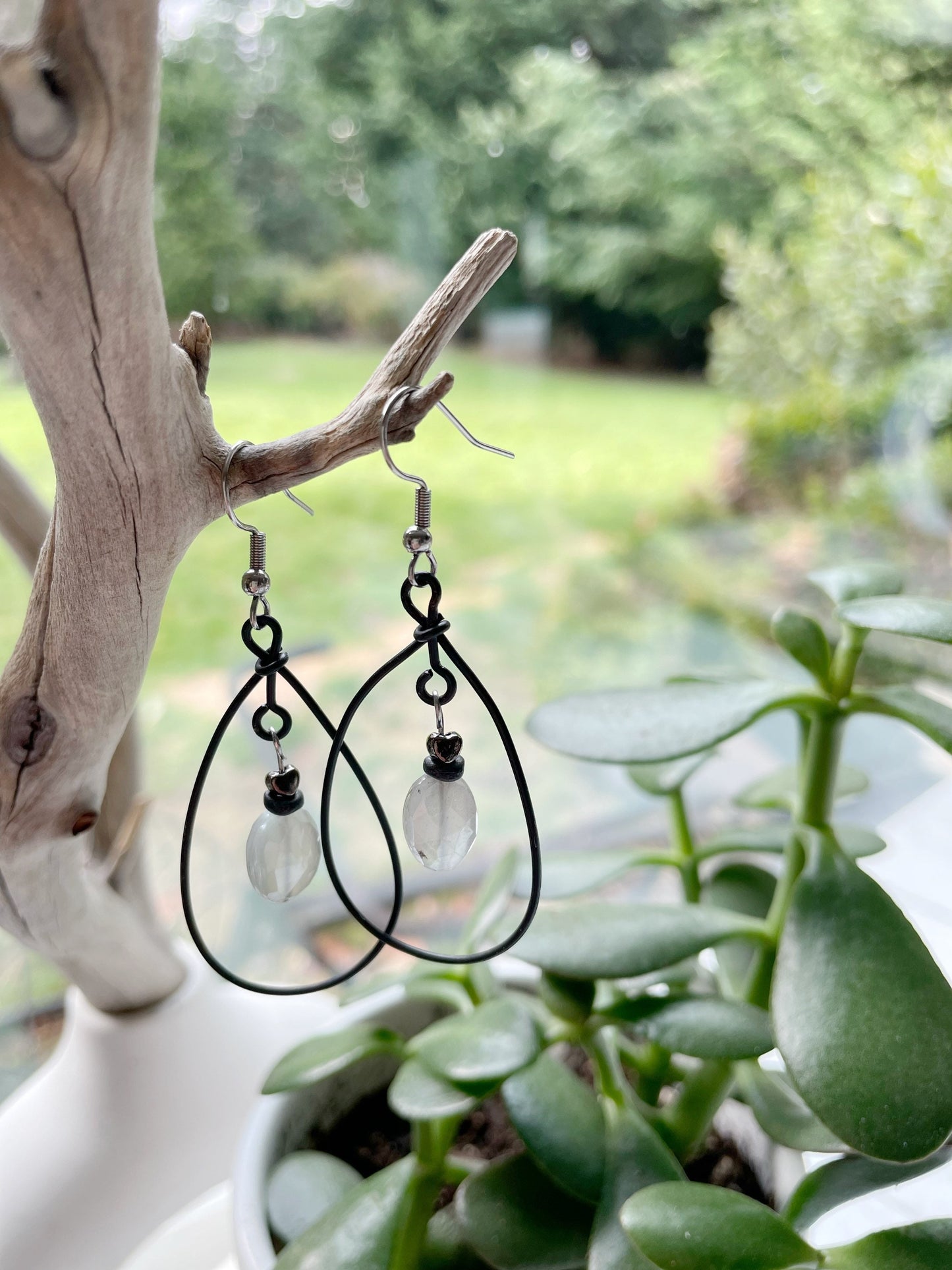 Black Hoop Earrings with Moonstones