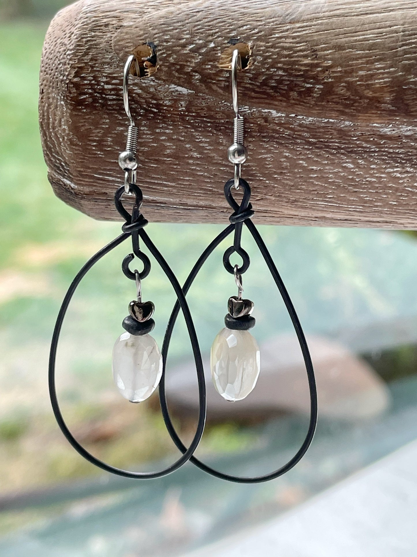 Black Hoop Earrings with Moonstones