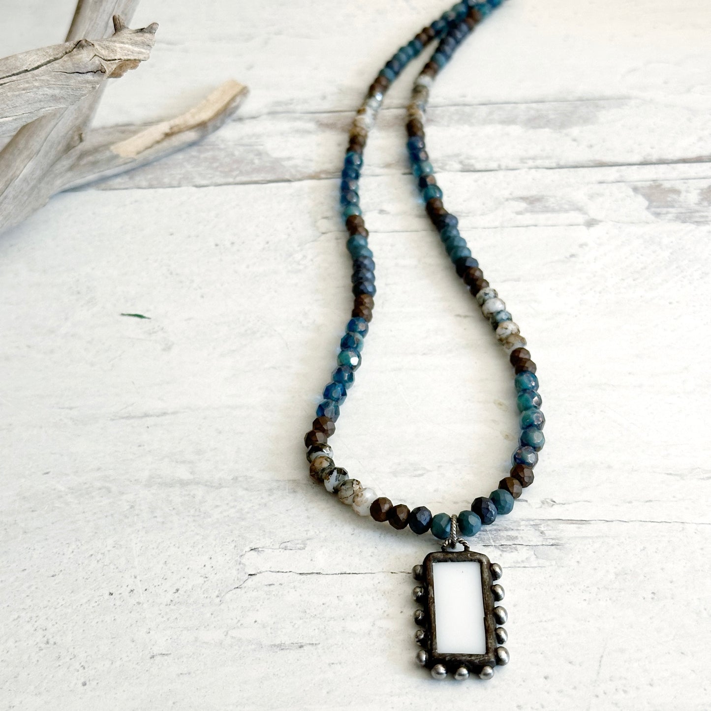 Beaded Boho Chic Artisan Necklace Czech Glass Neutral Blue Brown Ivory