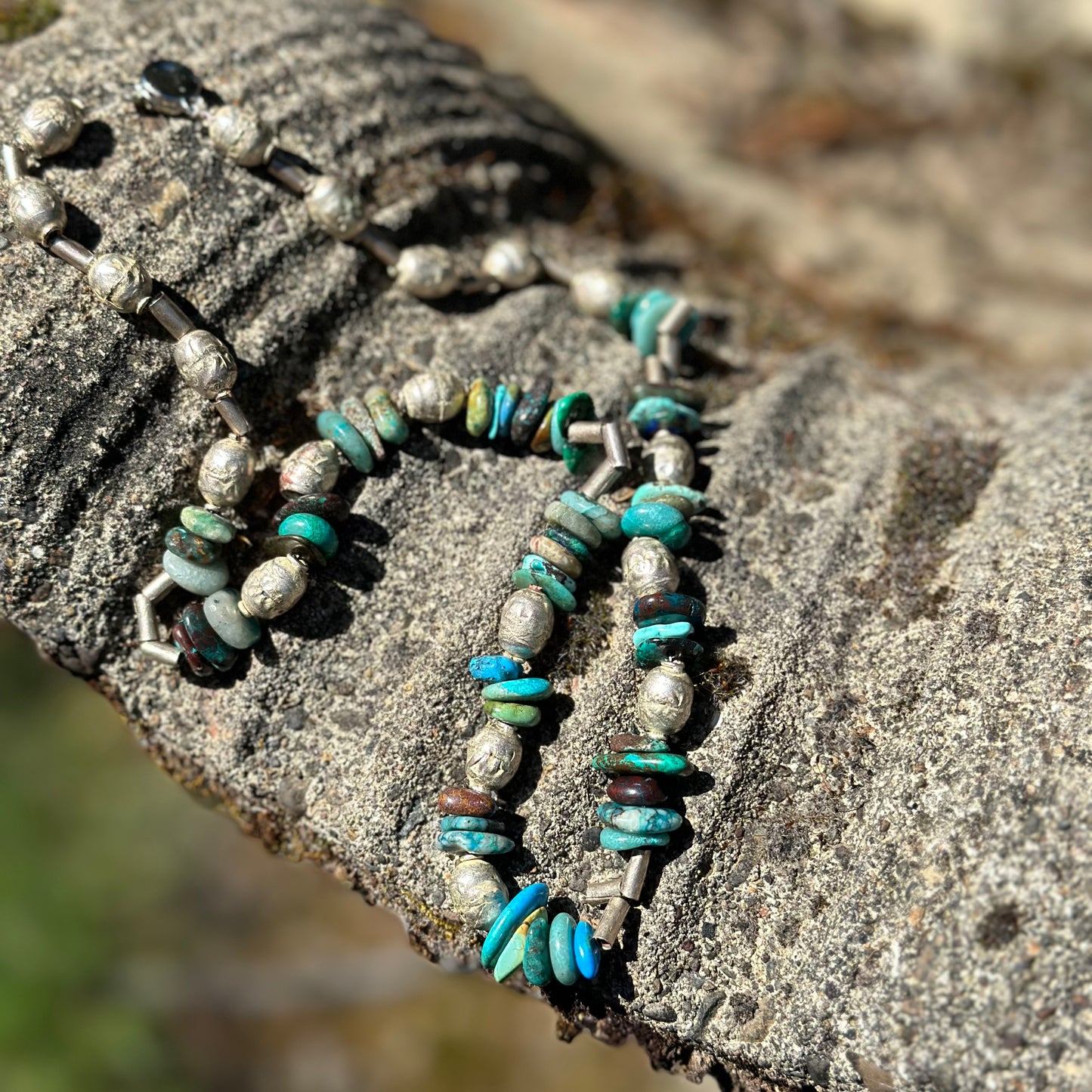 Boho Turquoise Beaded Necklace with African Silver