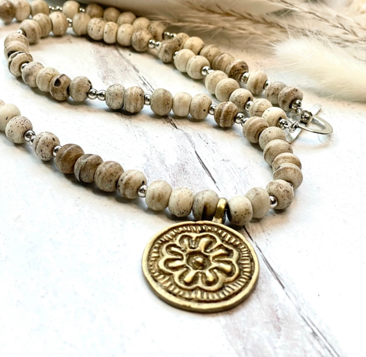 Beaded Necklace Boho Cream Beige Antique Ancient Beads Gold Ethnic Medallion