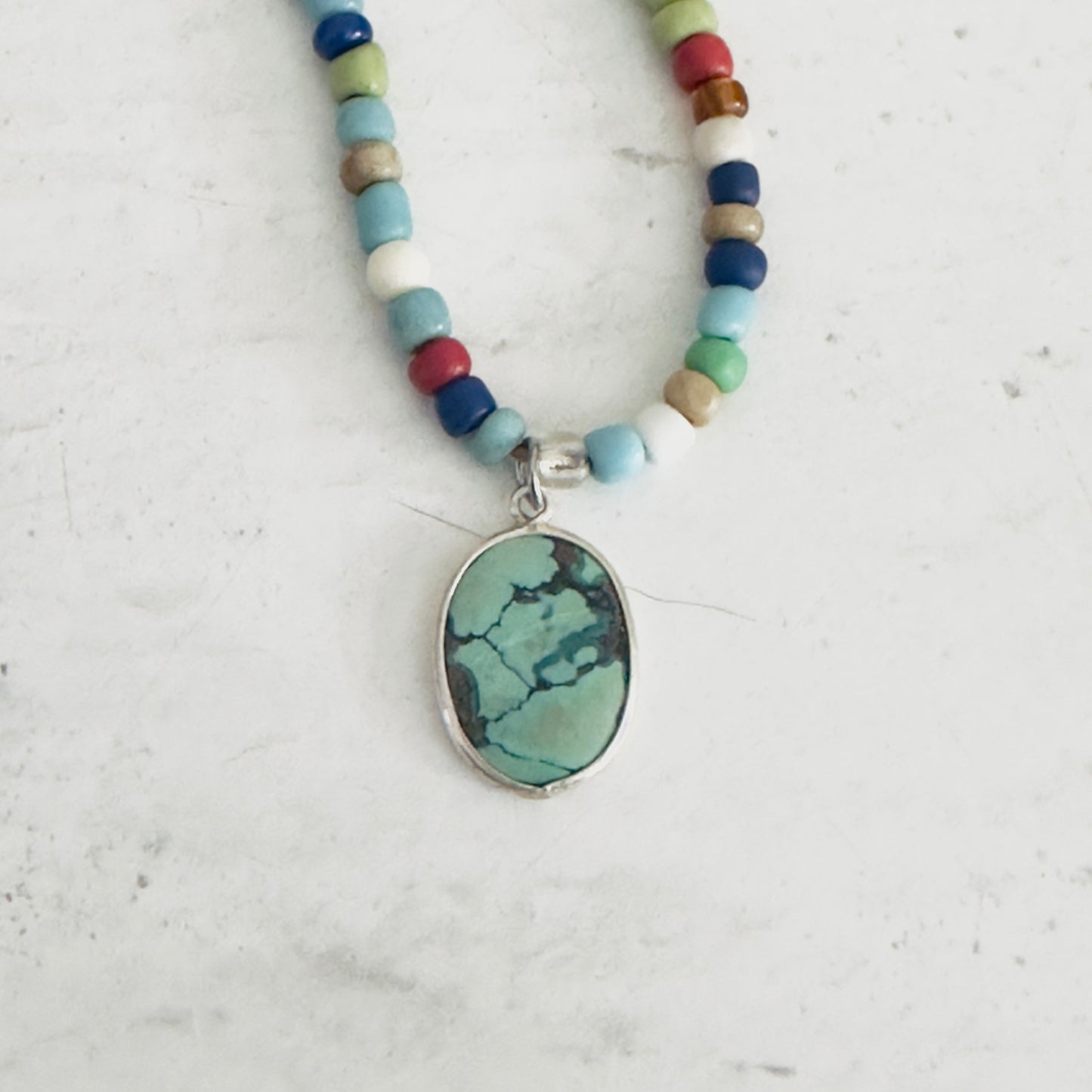 Colorful Rainbow Beaded Boho Necklace with Turquoise Charm African Glass and Metal Beads