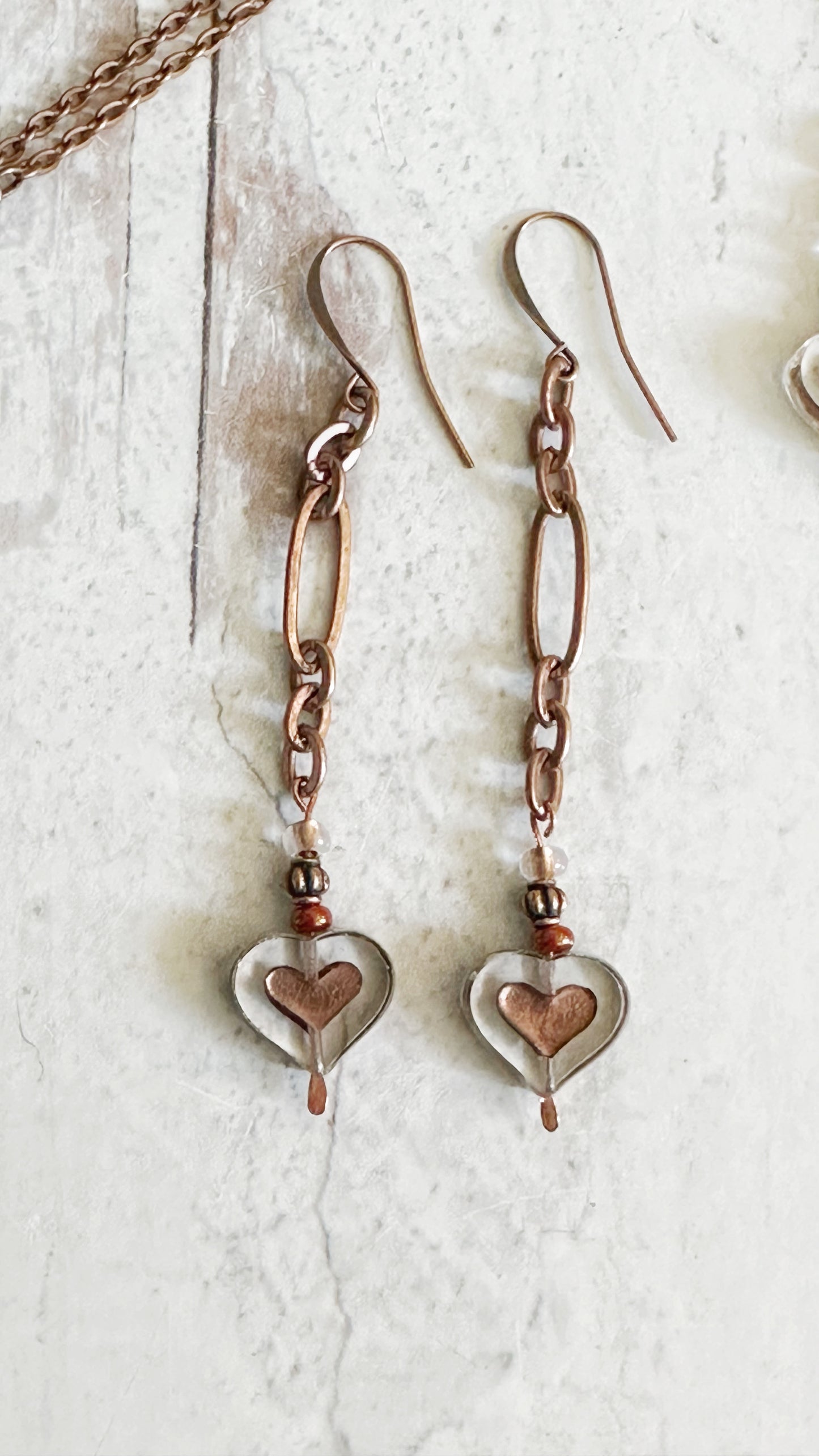 Czech Glass Heart and Copper Chain Earrings and Necklace