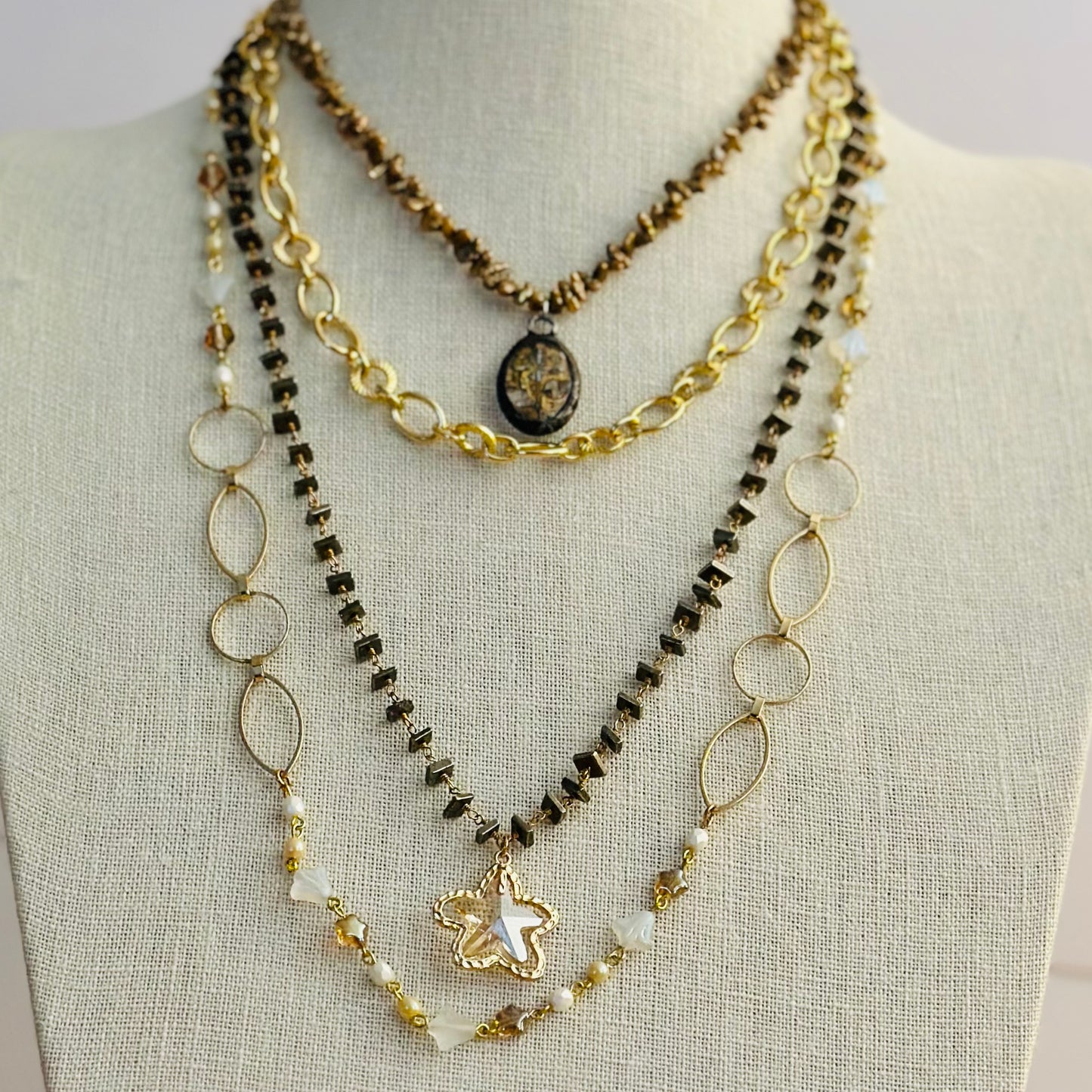 Whimsical Boho Chic Beaded Gold Chain Long Necklace One of a Kind