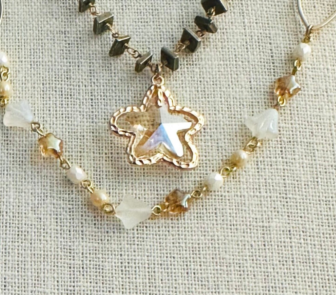 Boho Chic Pyrite and Gold Necklace with Gold Crystal Star Pendant Gift Holidays Everyday