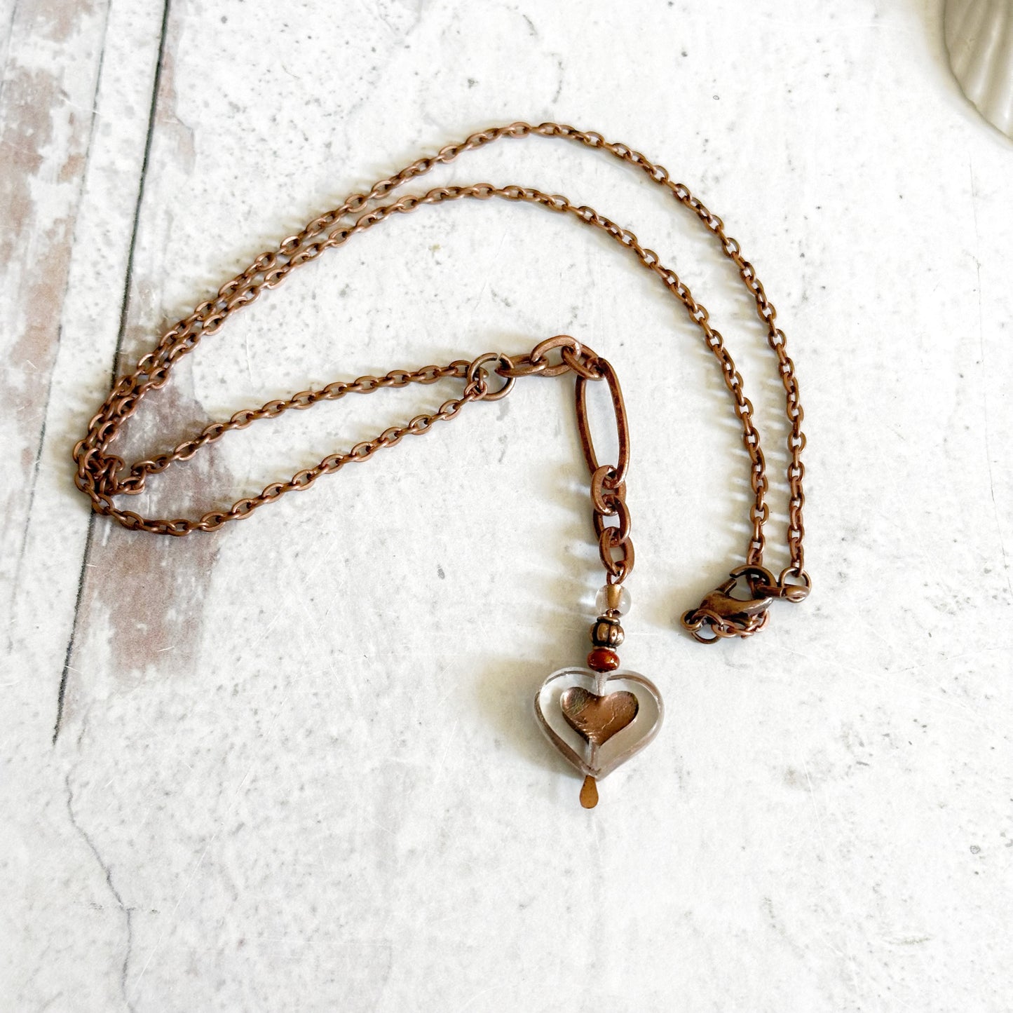 Czech Glass Heart and Copper Chain Earrings and Necklace