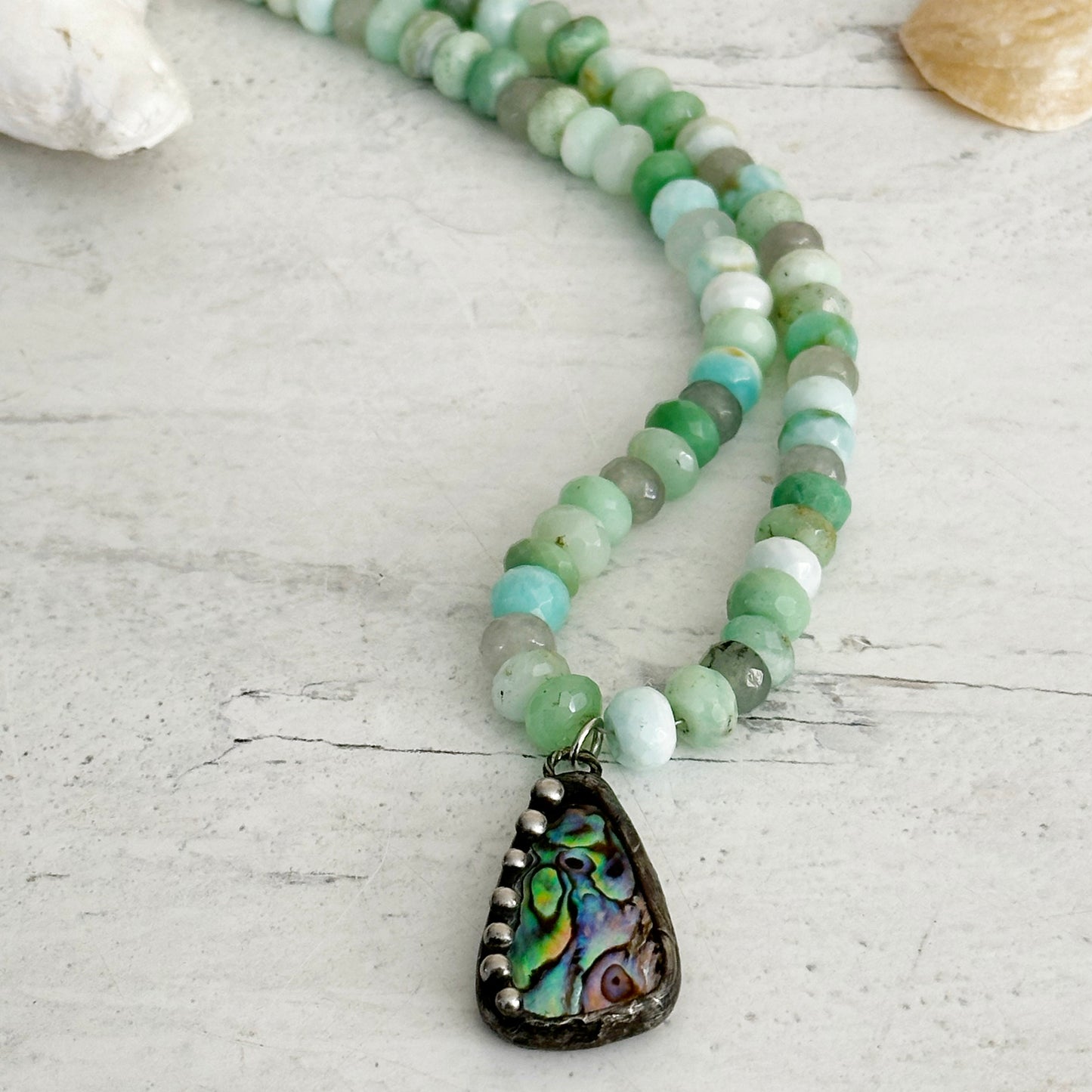 Boho Chic Gemstone Beaded Necklace with Artisan Abalone Pendant